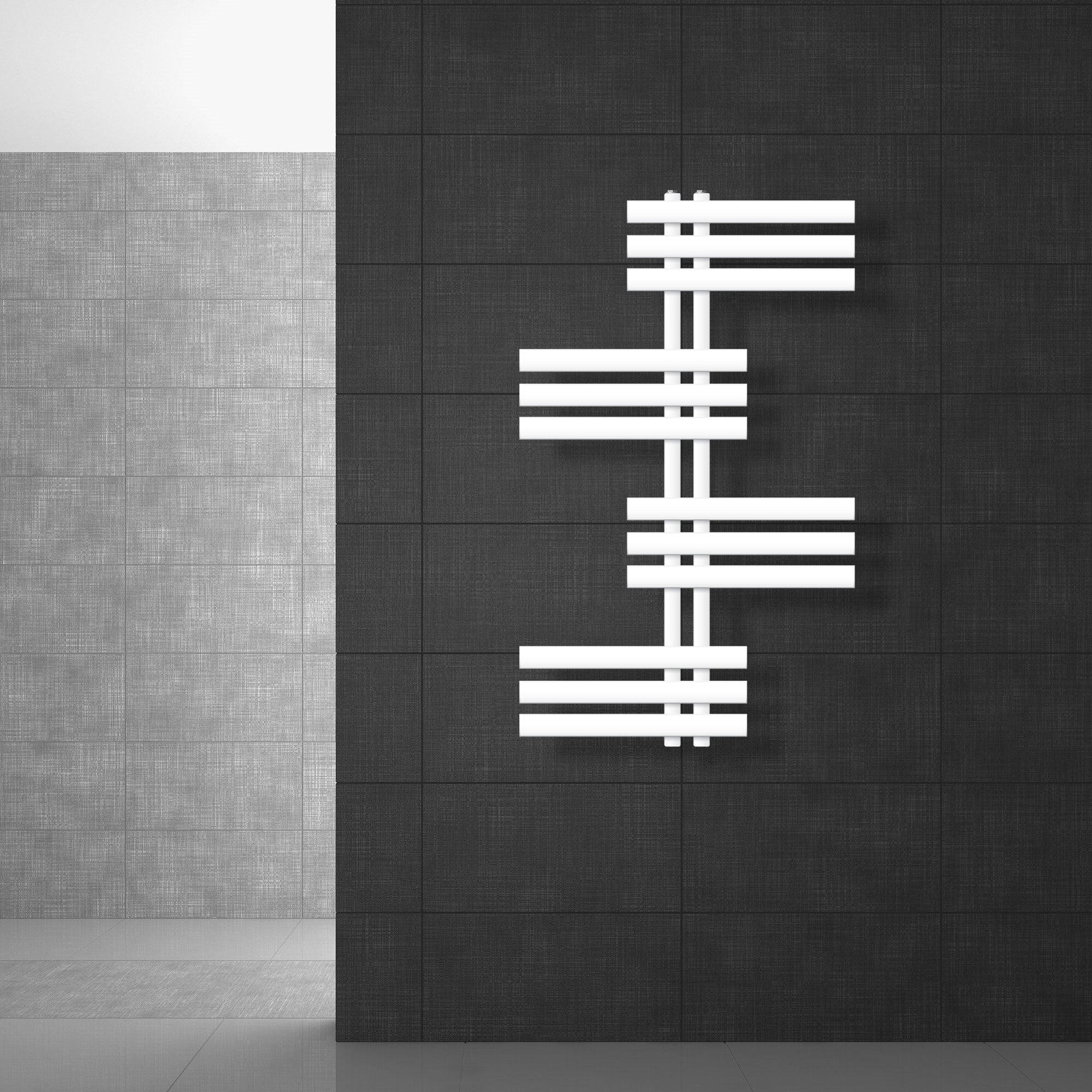 Porte-serviettes blanc sur un mur sombre, avec connexion visible.