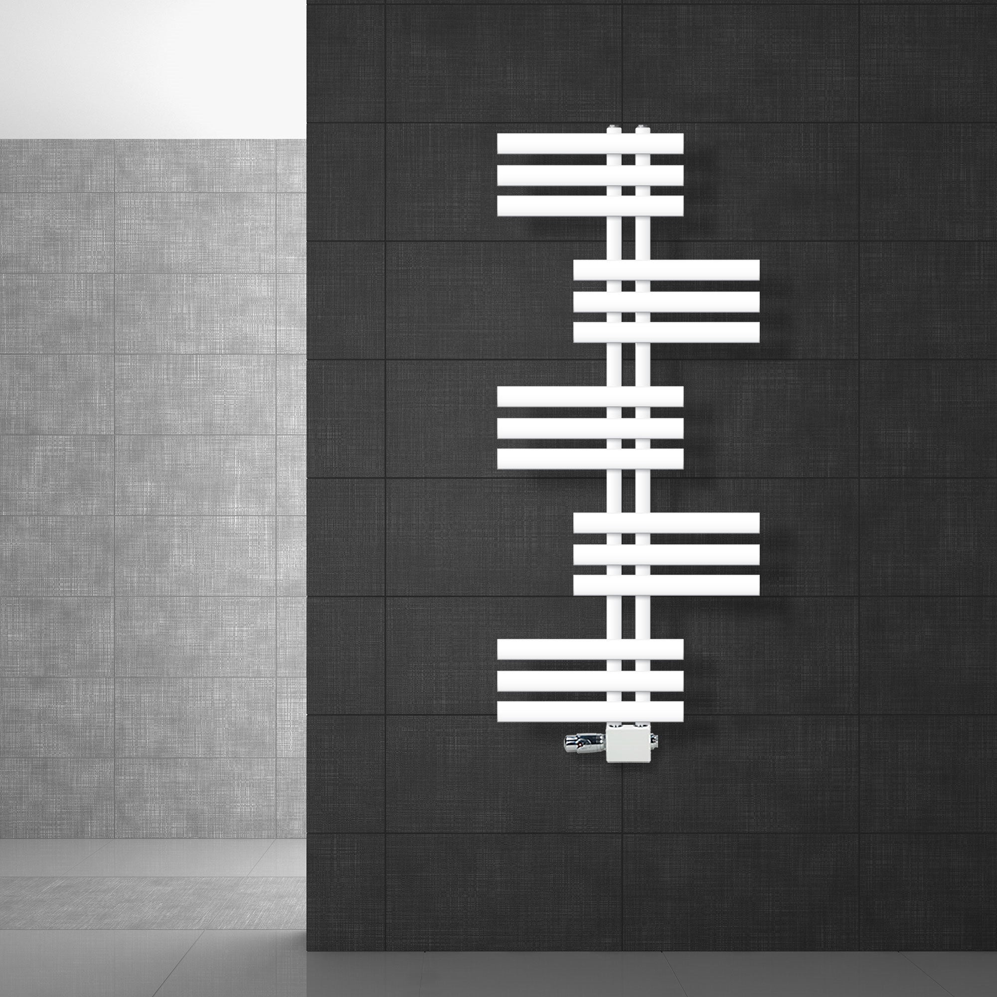 White radiator with horizontal fins against a dark wall.