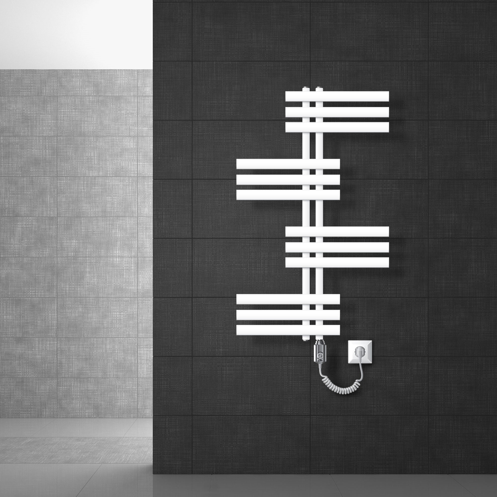Weißer Heizkörper mit Anschluss und Thermostat an einer dunklen Wand.
