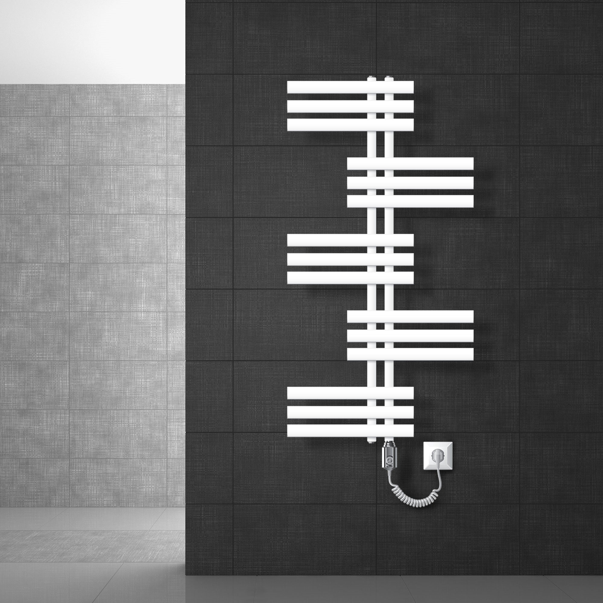 Radiateur électrique blanc sur un mur noir, 600x1200mm.