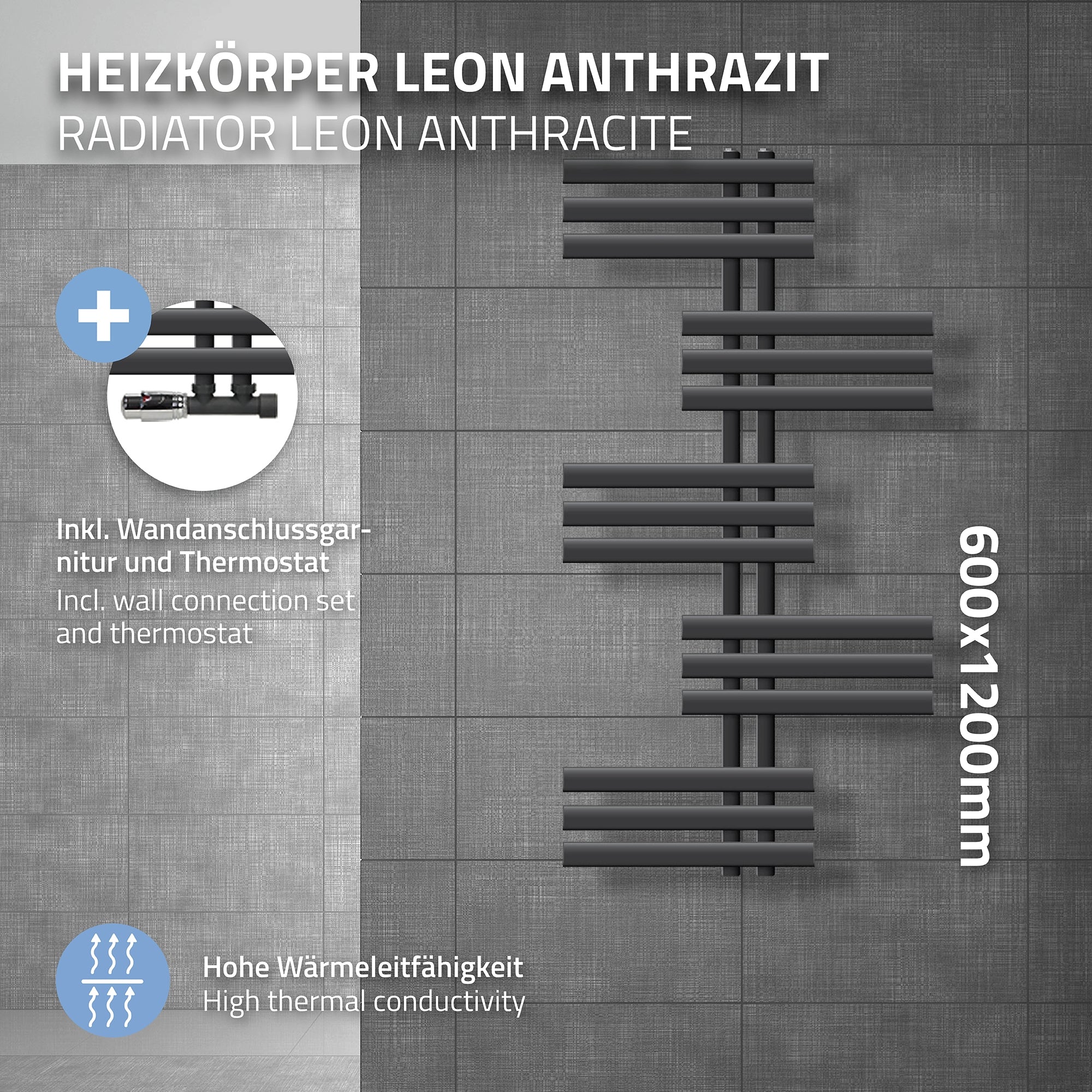 Radiator Leon in antraciet, 600x1200mm, met wandbevestiging en thermostaat.