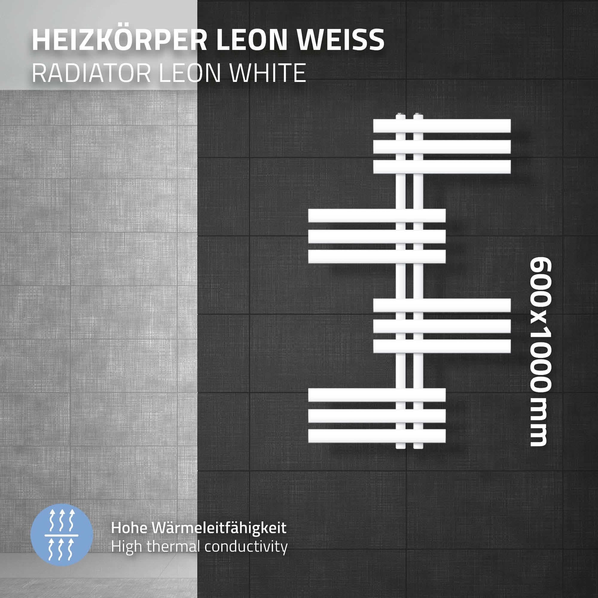 Heizkörper Leon in Weiß, 600x1000mm, mit Thermostat und hoher Wärmeleitfähigkeit.