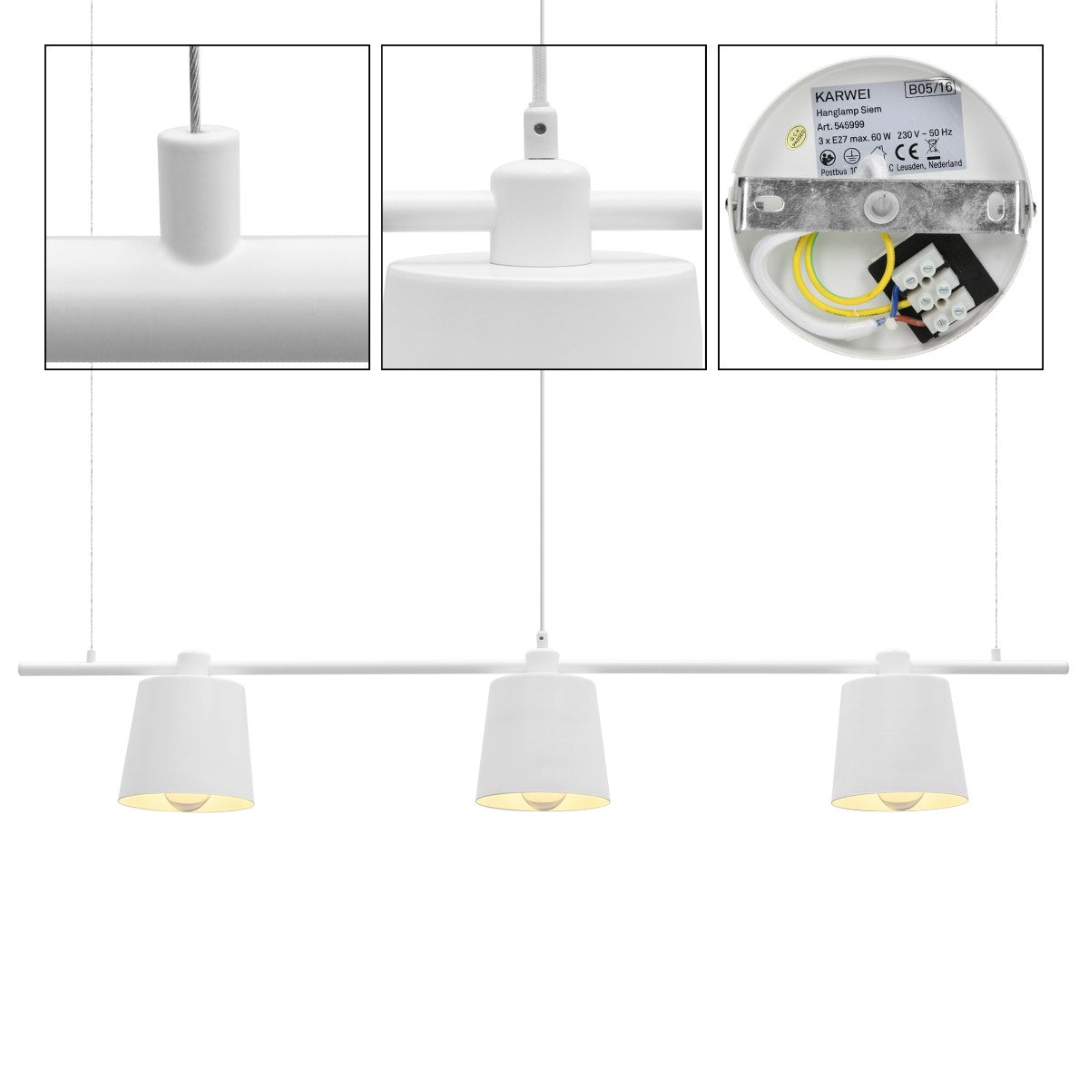 Detailweergave van een witte hanglamp met kabelaansluiting.