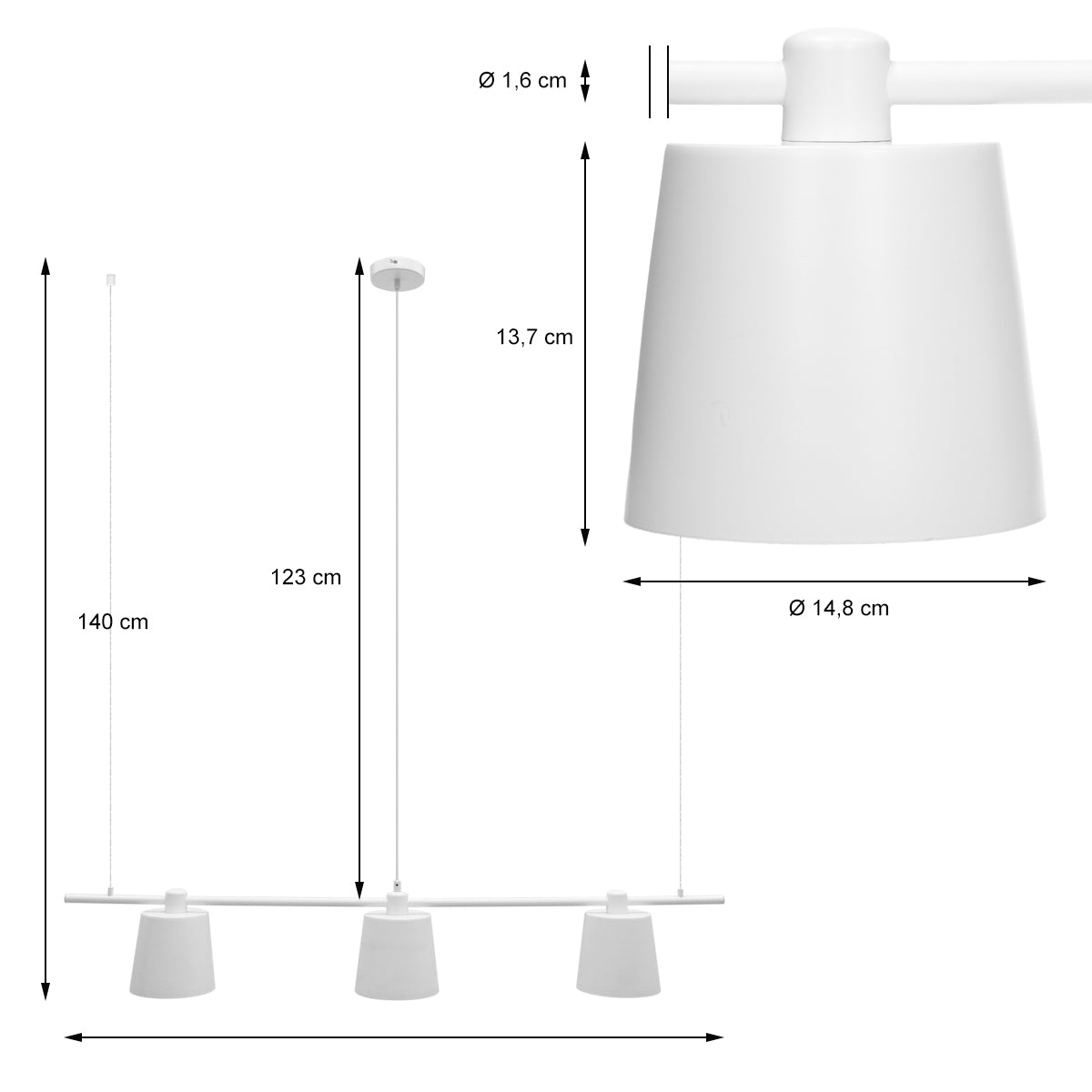 Technische Zeichnung einer weißen Lampe mit Maßen und Durchmessern.