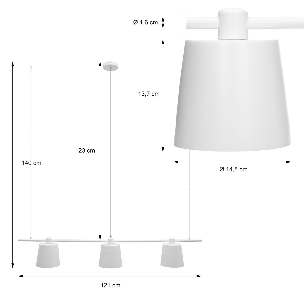 Technical drawing of a white lamp with dimensions and diameters.