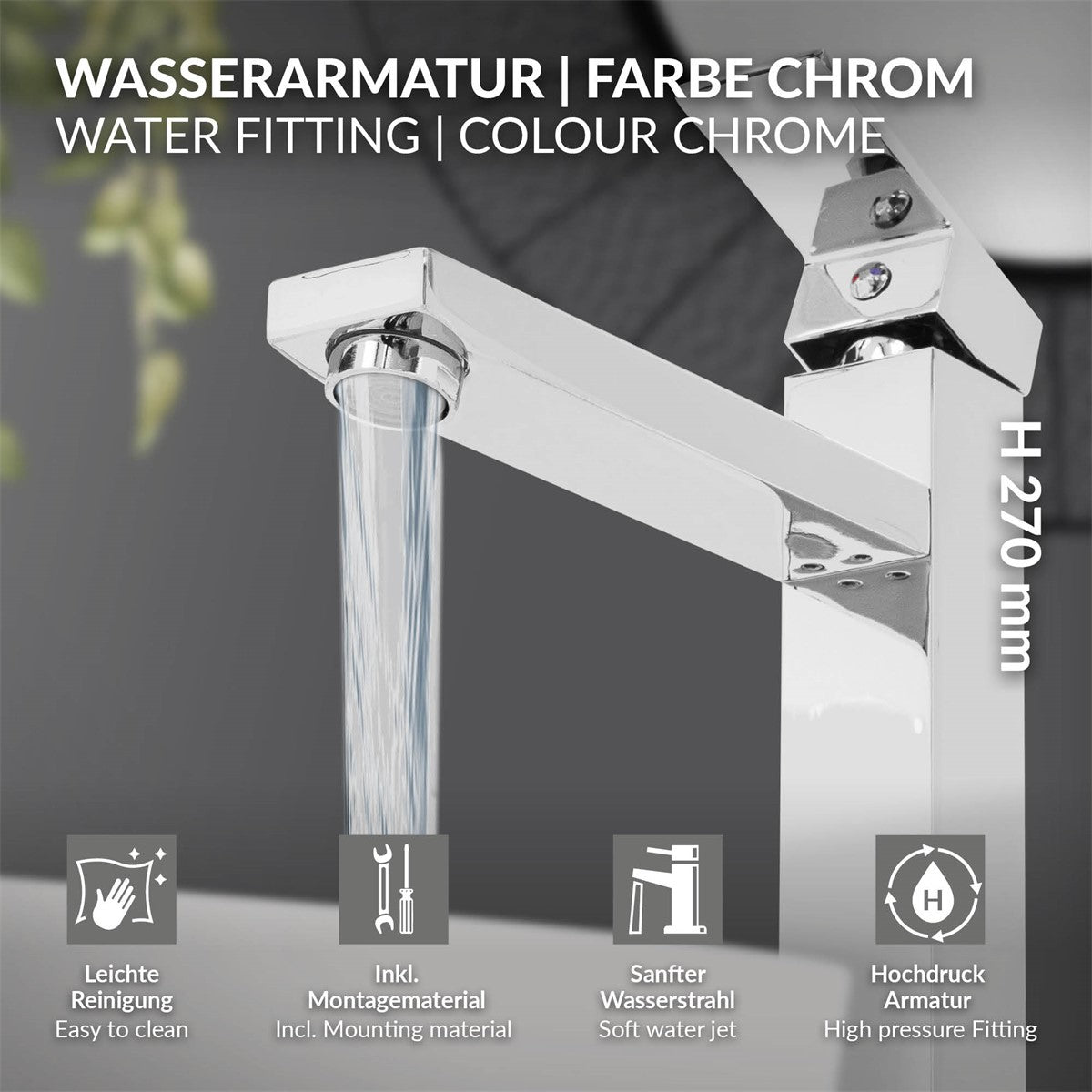 Chromwasserhahn mit Wasserstrahl und Hinweisen zur Reinigung.