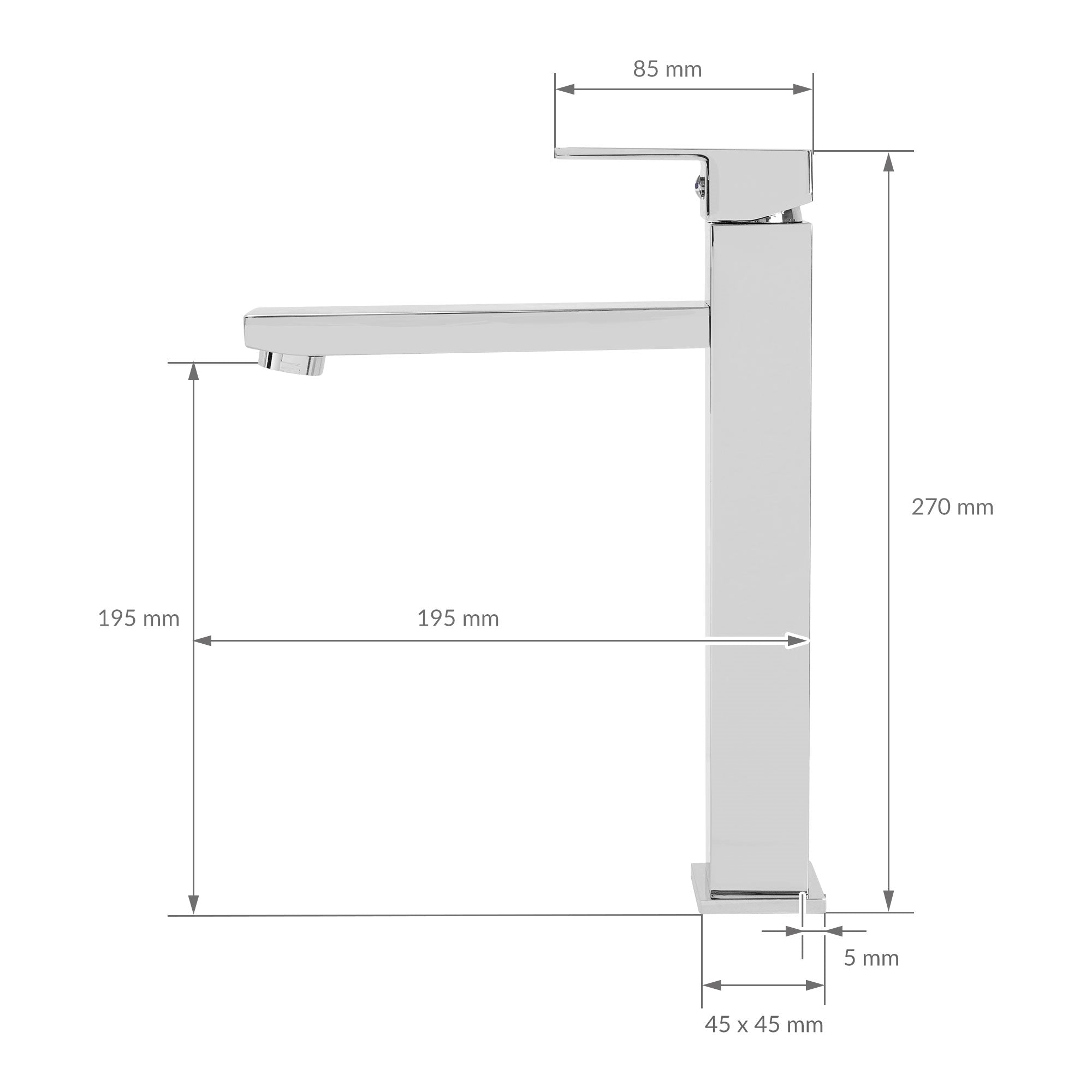 Dibujo técnico de un grifo plateado con dimensiones en milímetros.