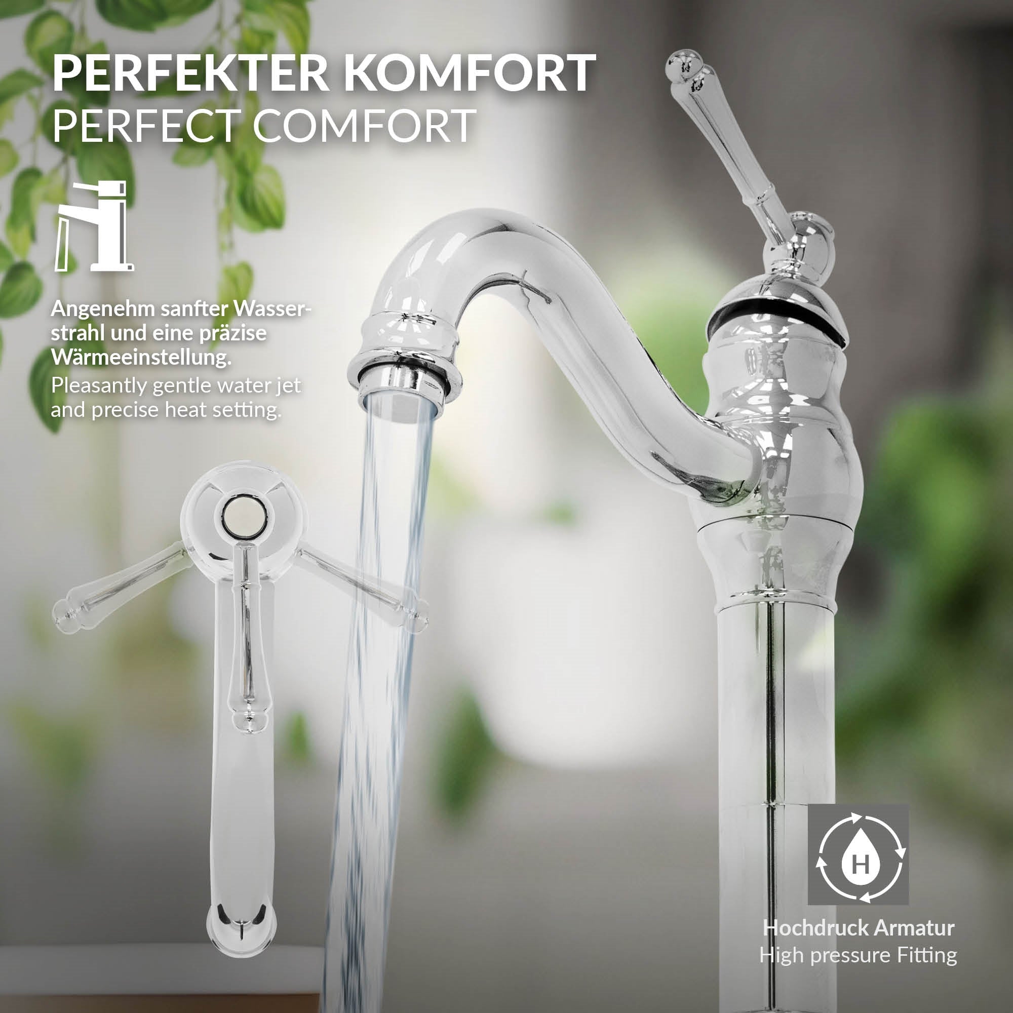 Transparenter Wasserhahn mit Wasserstrahl, neben einem Bedienhebel, auf einer hellen Oberfläche.