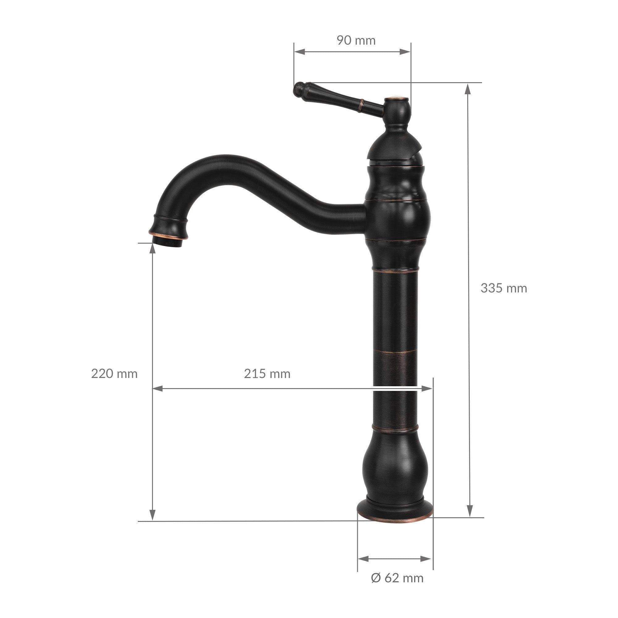 Fekete vízcsap méretei: 335 mm magas, 90 mm széles, 62 mm átmérőjű.