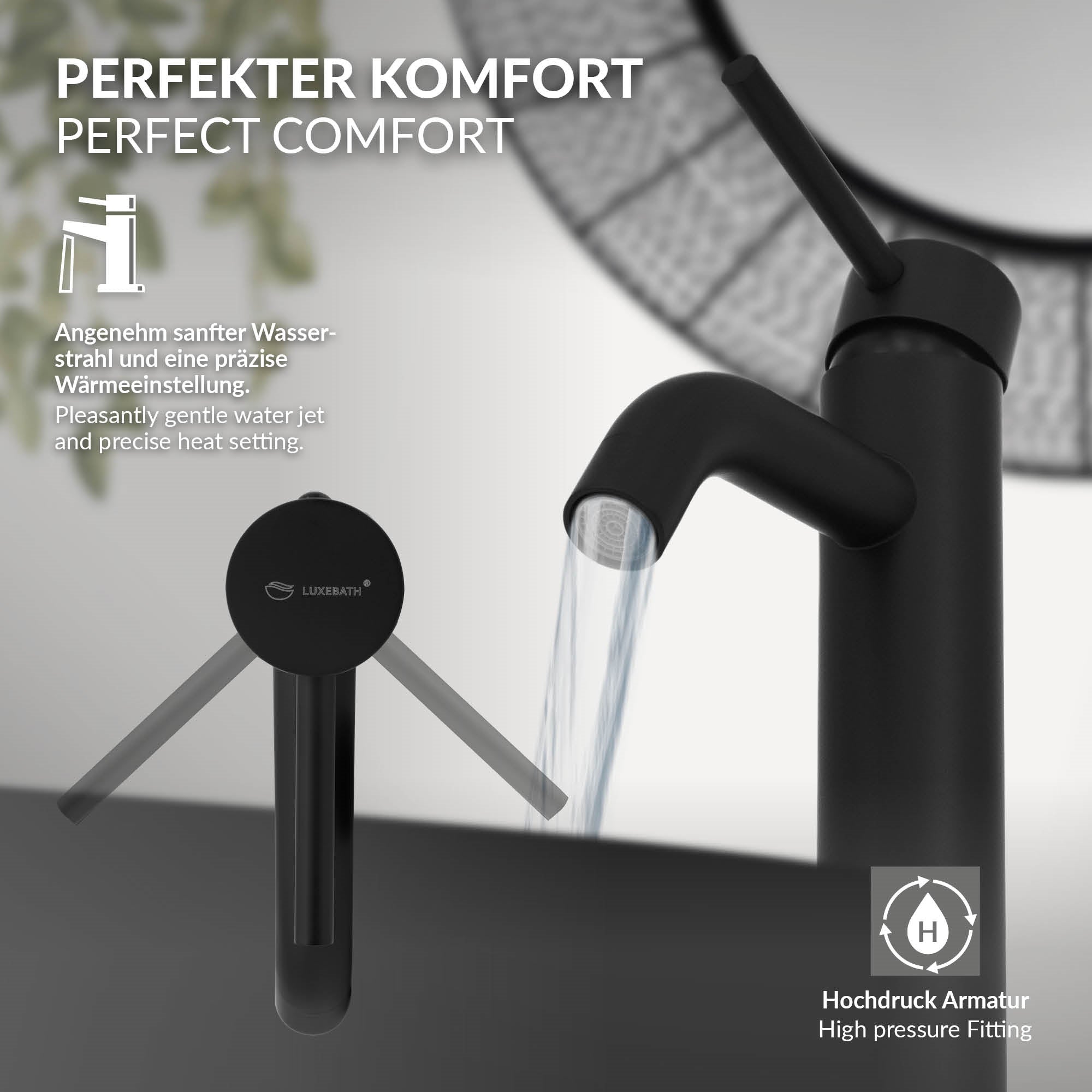 Schwarze Armatur mit Wasserstrahl an einem modernen Waschbecken.