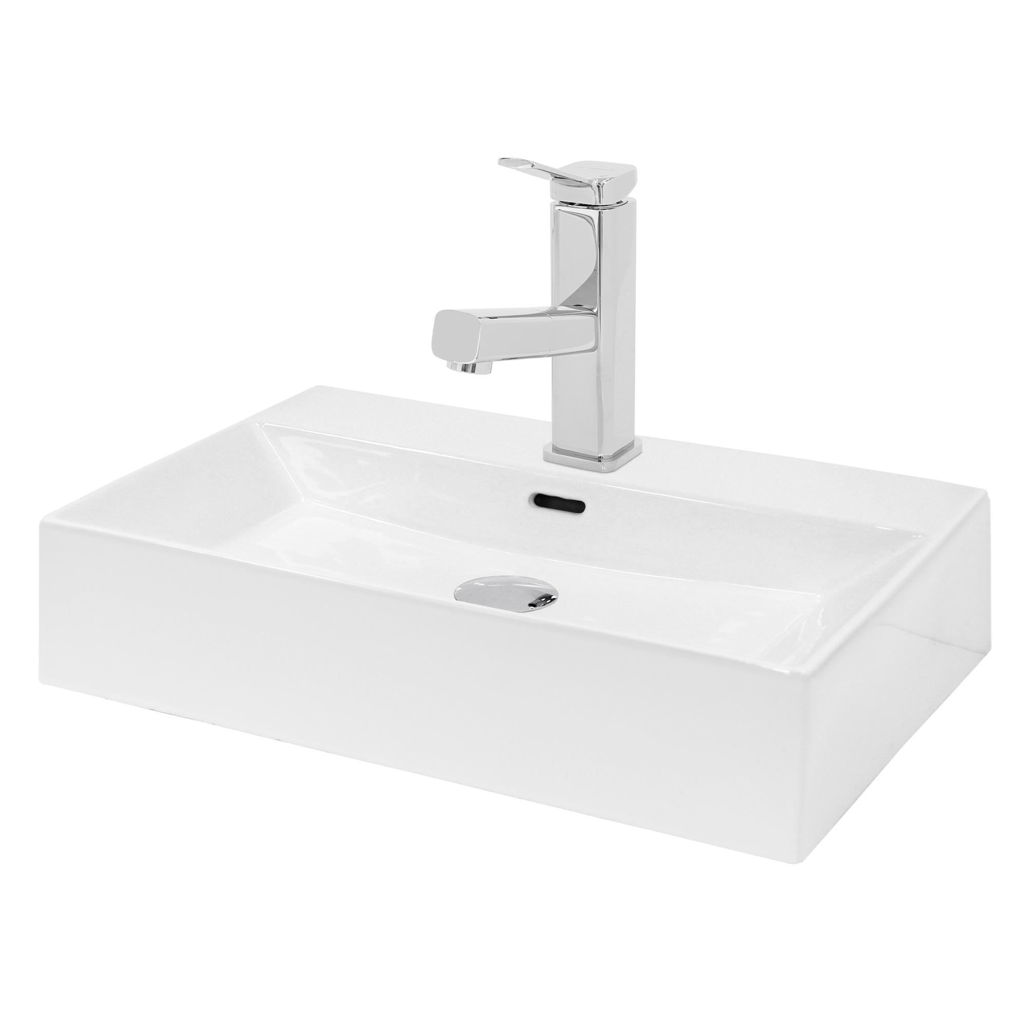 Rectangular sink with a modern chrome faucet.