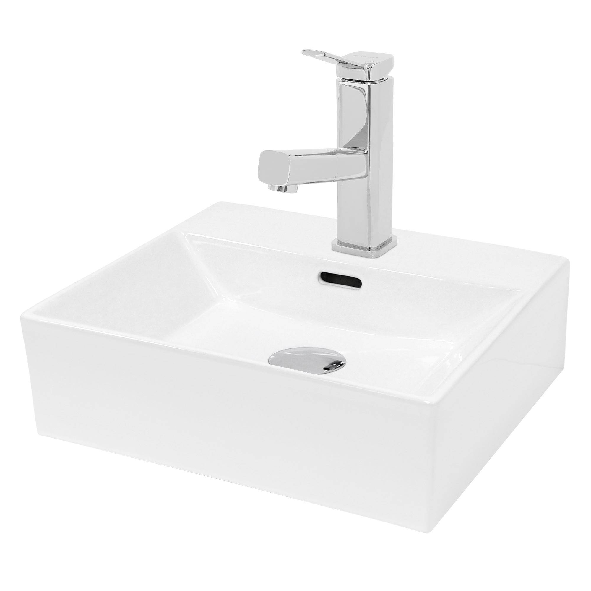 Rechteckiges Waschbecken mit einem modernen Wasserhahn in Chrom.