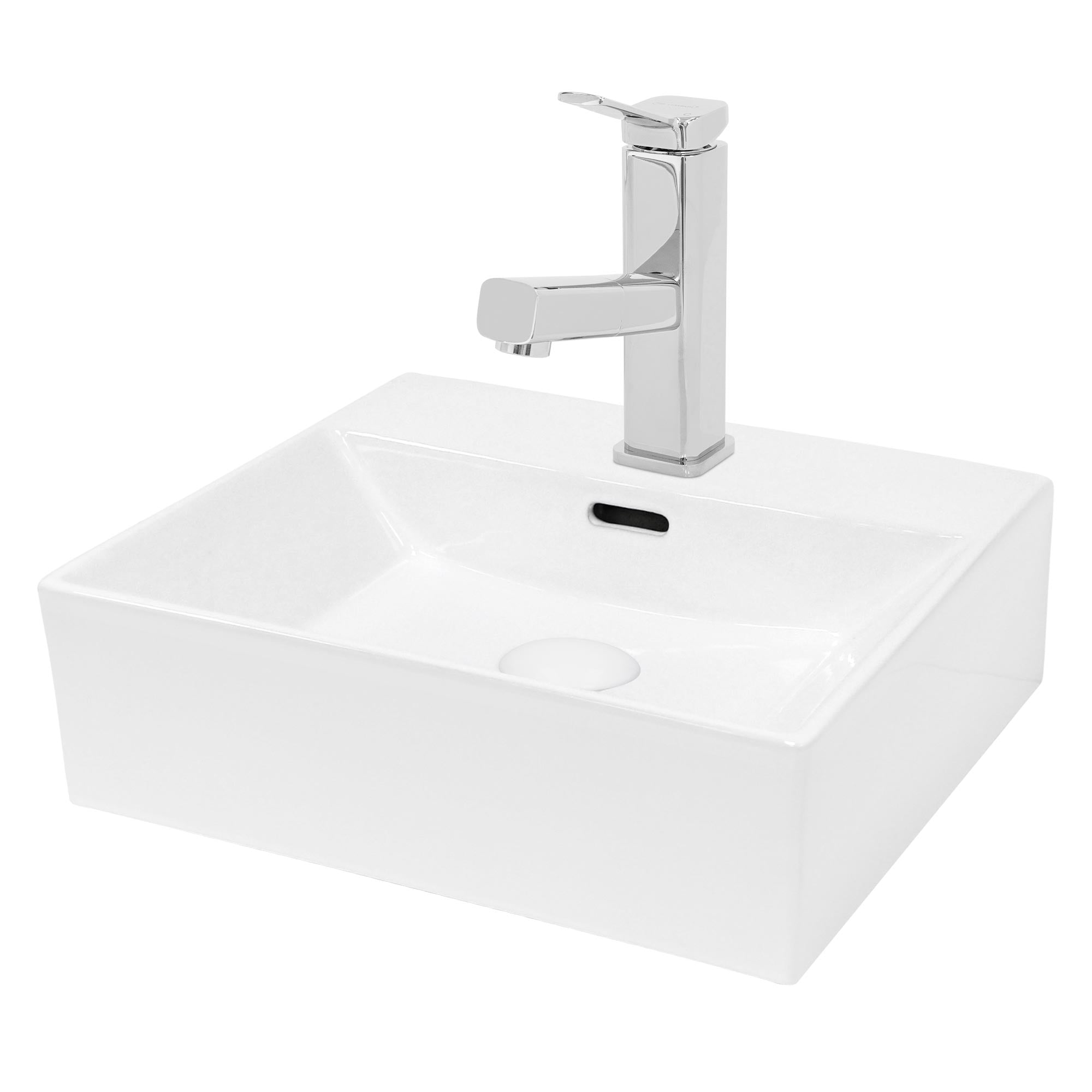 Ein quadratisches Waschbecken mit einem modernen Wasserhahn.