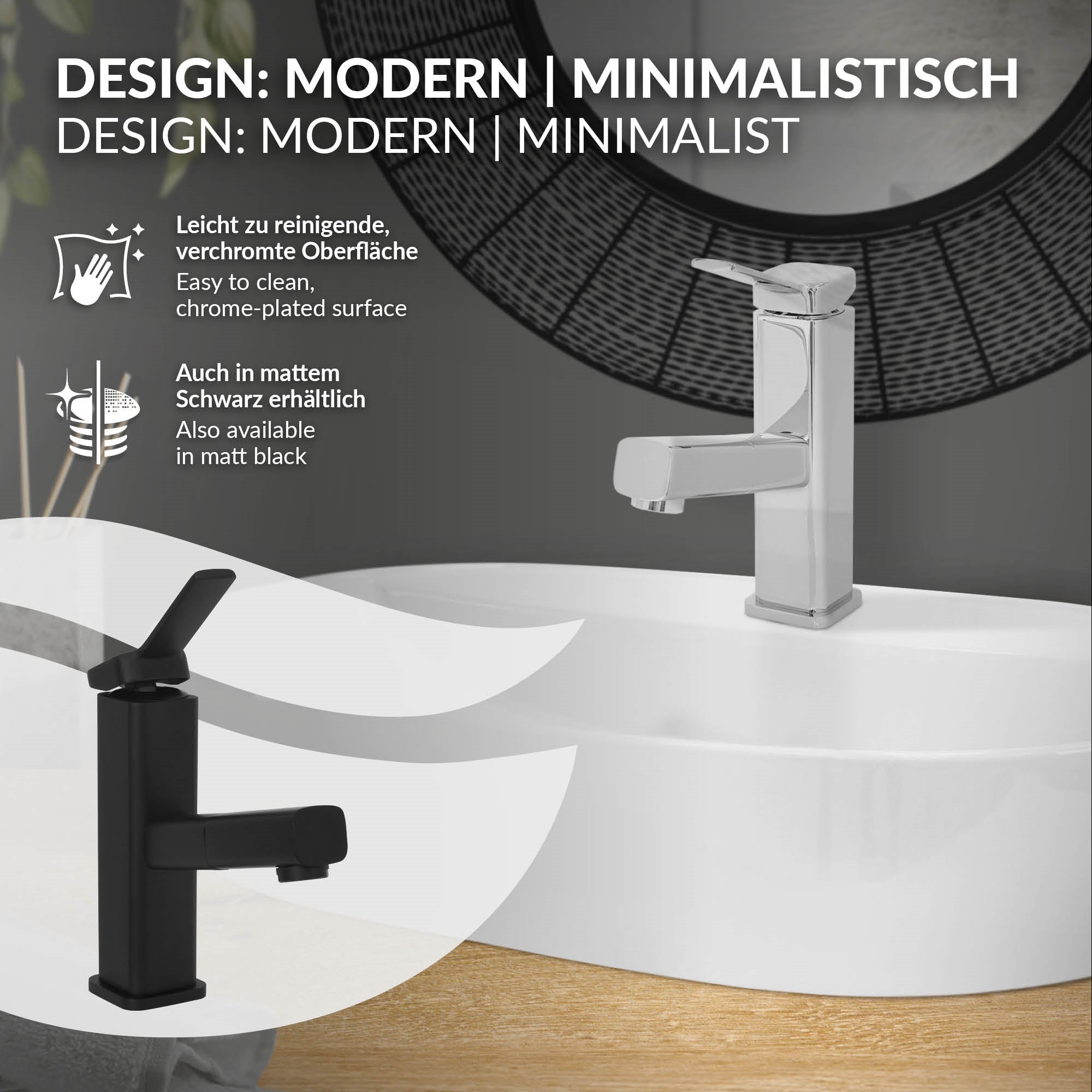 Robinet noir et argent, avec description de l'entretien des surfaces.