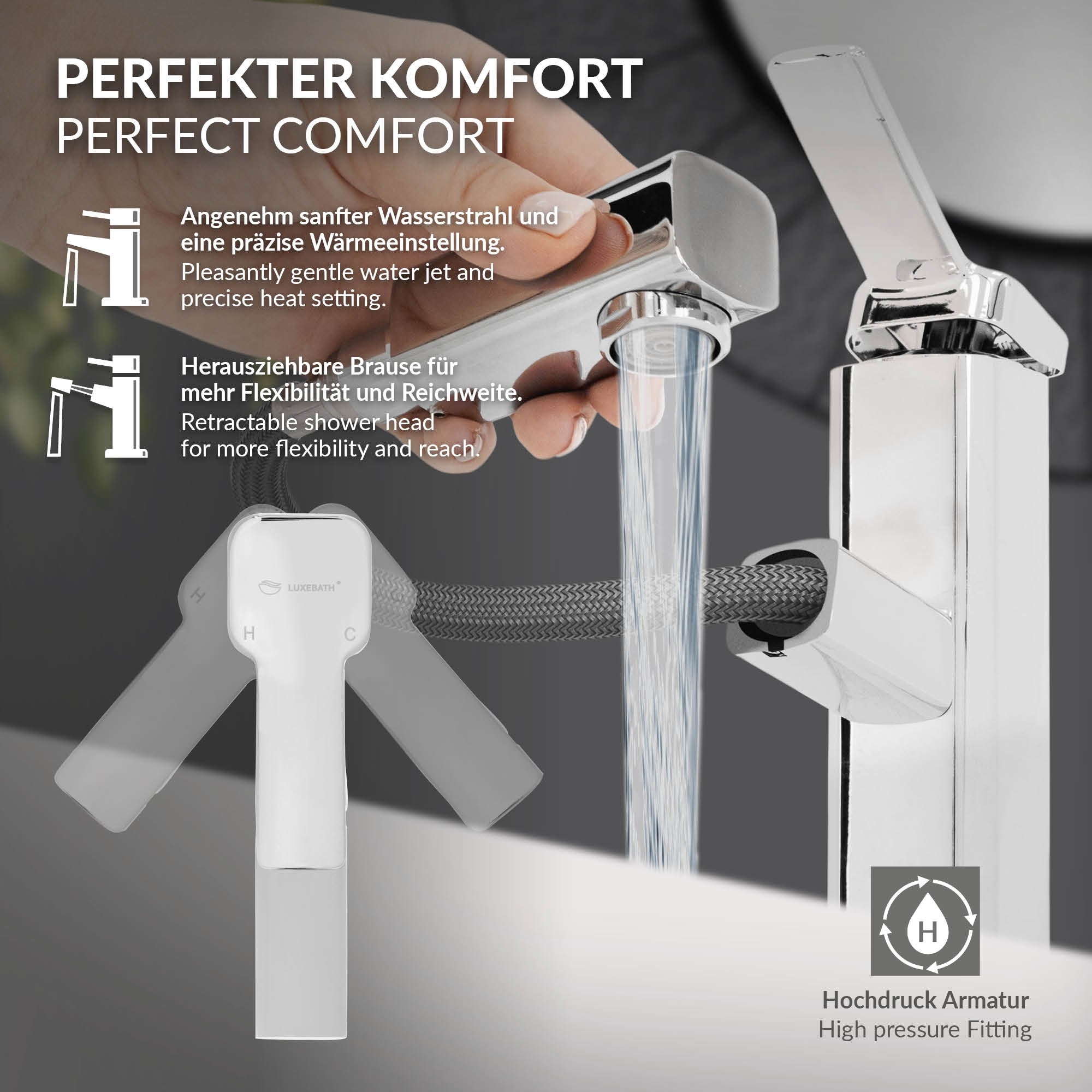 Un robinet avec douchette extractible et connexion de tuyau flexible.