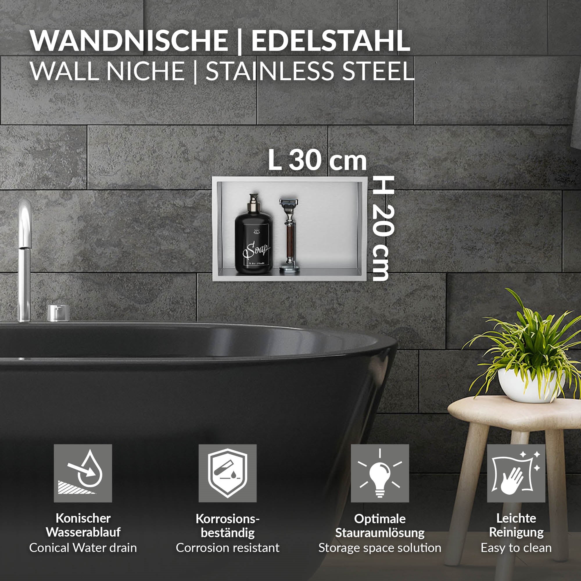 Wandnische aus Edelstahl mit Platz für Badutensilien.