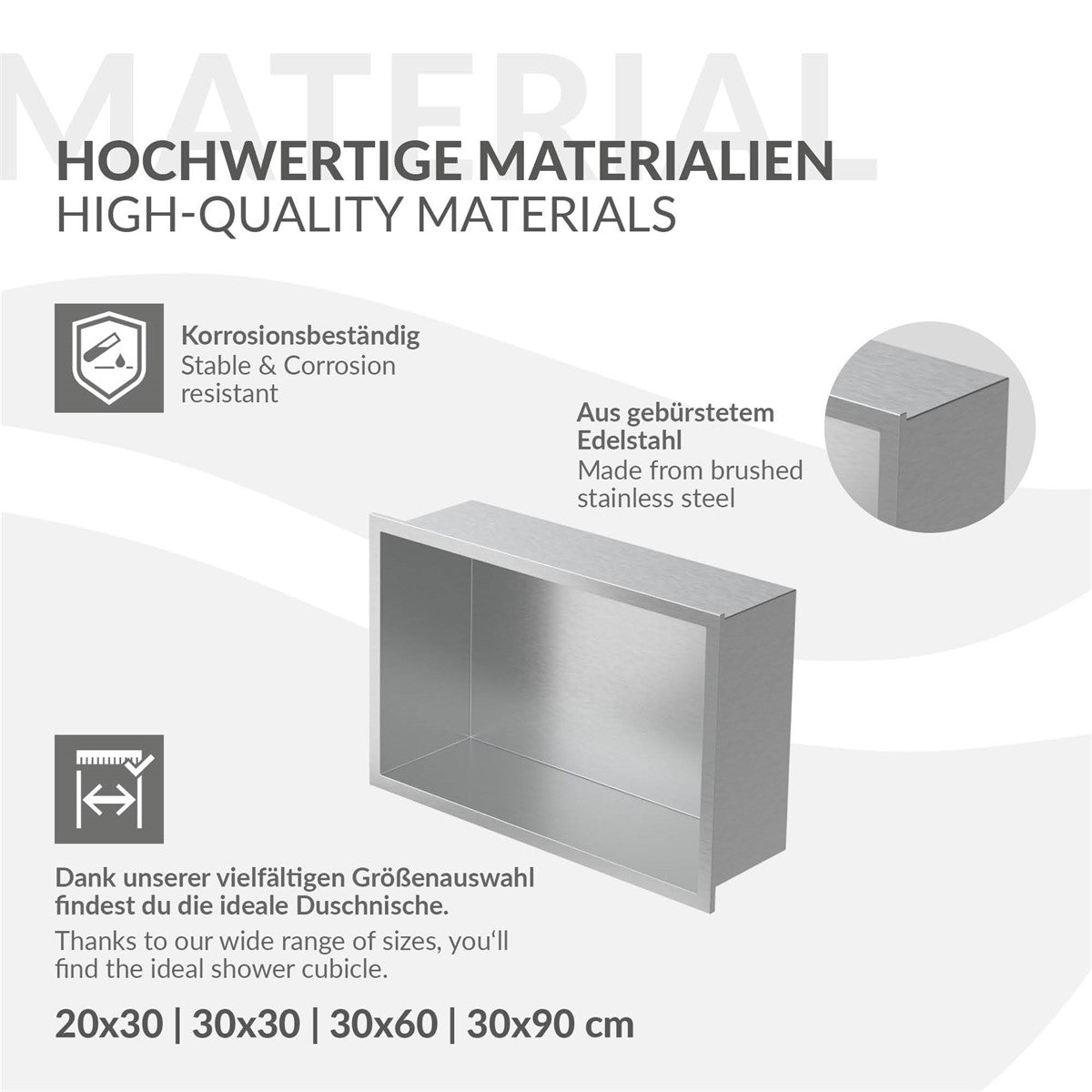 Grafik med oplysninger om materialer af høj kvalitet og størrelser.