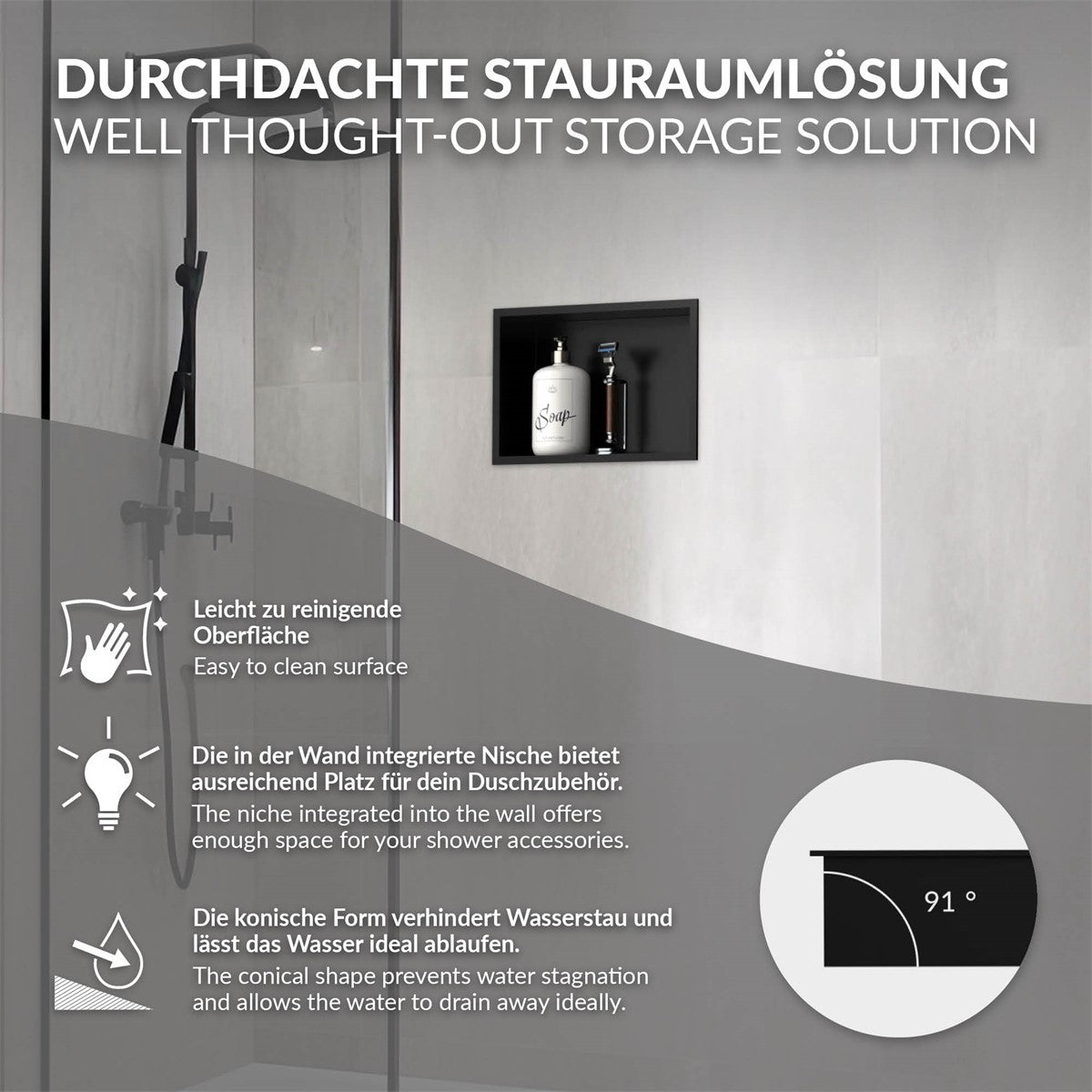 Graphic showing a well-designed storage solution in a shower with a niche and water drain.
