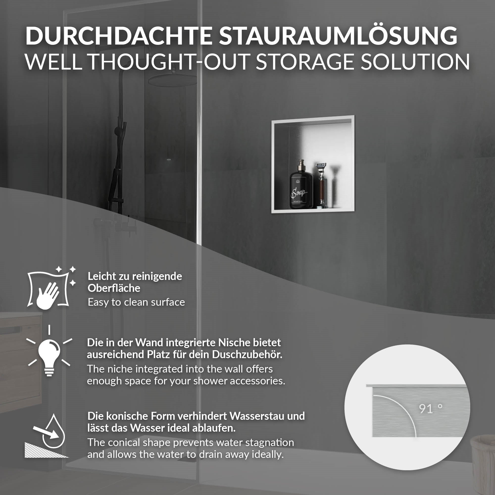 Grafik zu einer durchdachten Stauraumlösung mit Nische im Badezimmer.