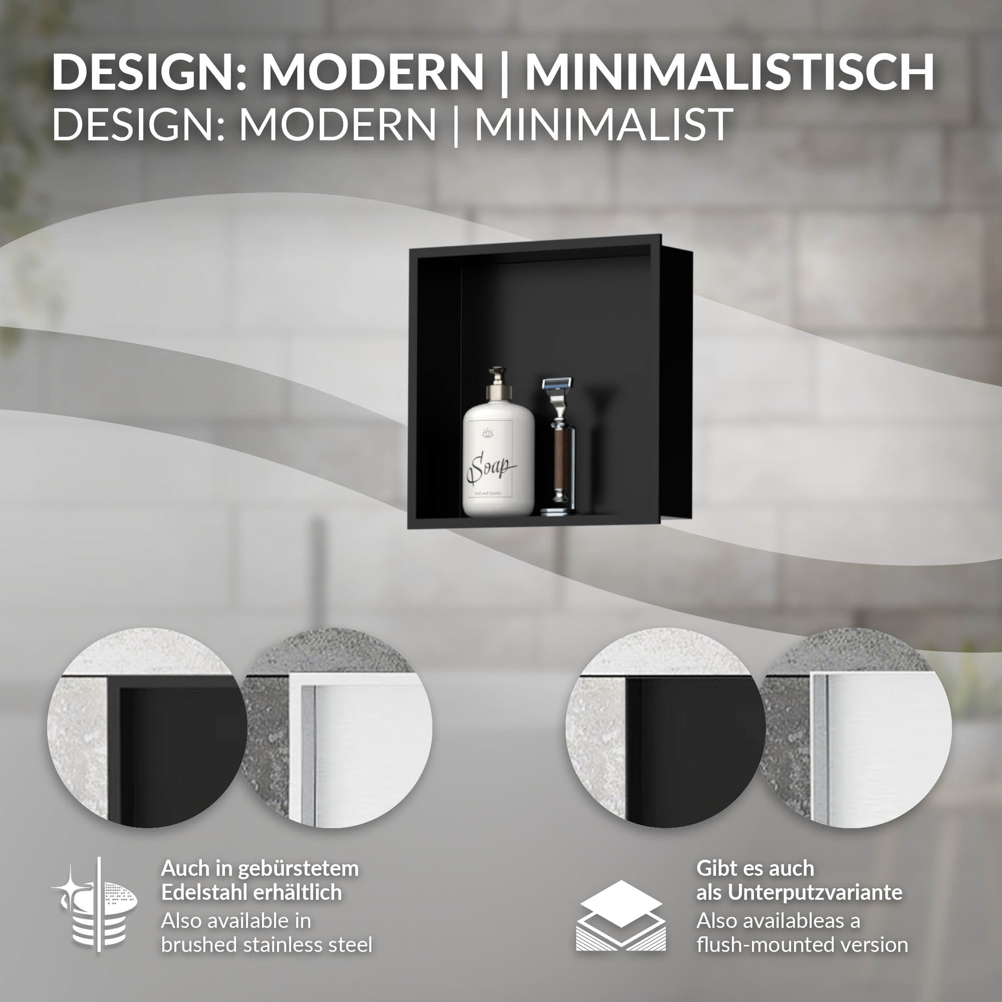 Schwarzes Regal mit Pflegeprodukten auf einem hellen Hintergrund.
