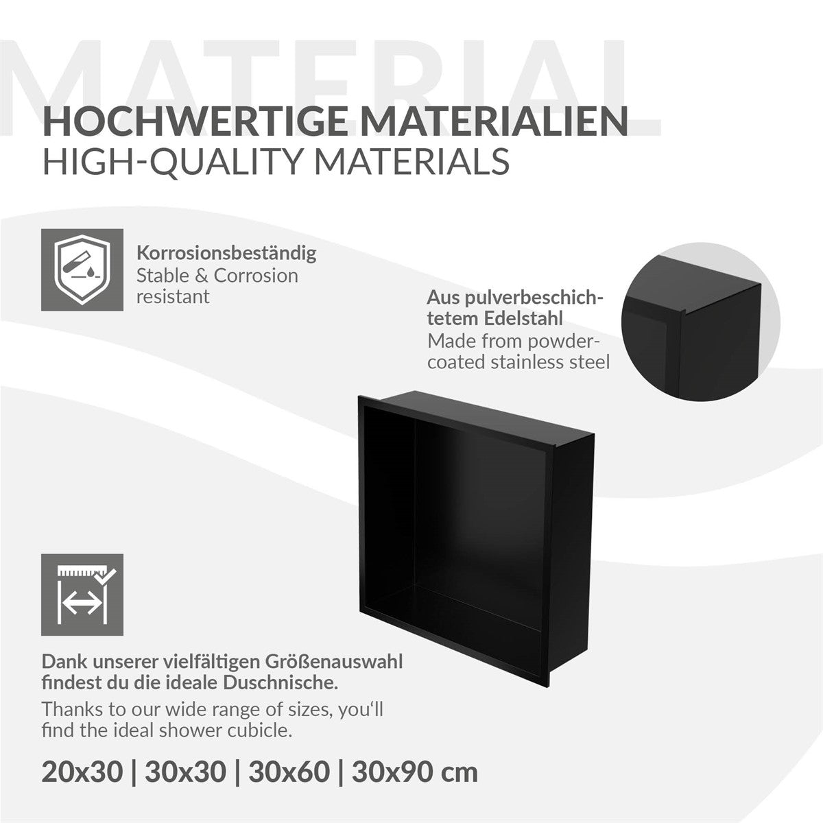 Niche murale noire en acier inoxydable avec revêtement par poudre.