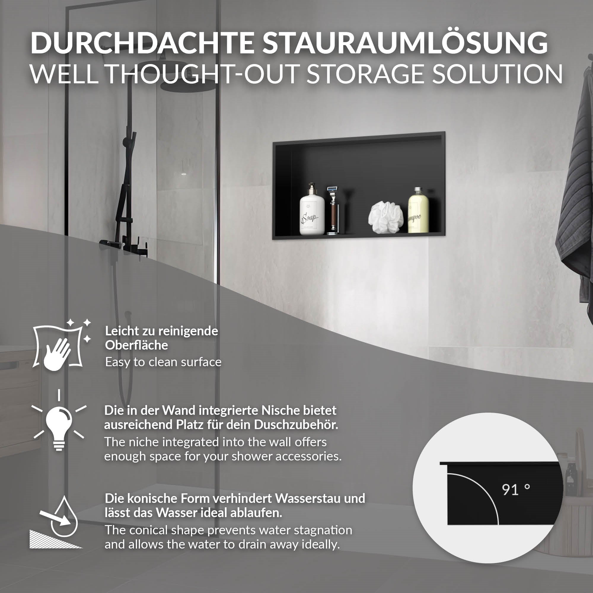 Grafik mit Informationen zur Stauraumlösung im Duschbereich.