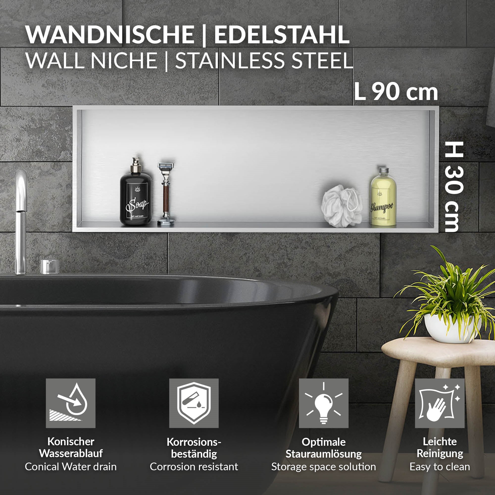 Wandnische aus Edelstahl mit Maßangaben und korrosionsbeständigen Eigenschaften.