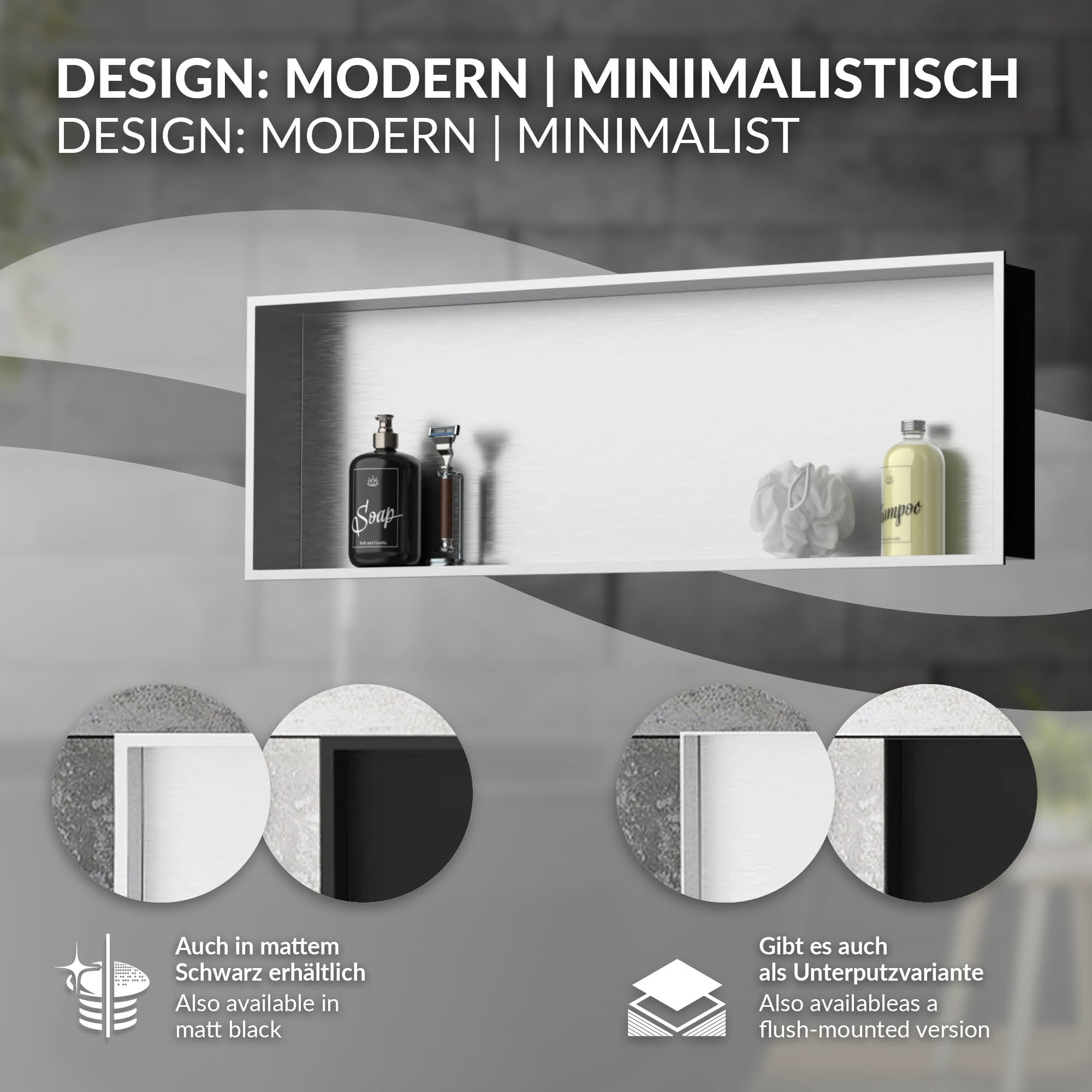 Wandnische in mattem Schwarz mit Pflegeprodukten.