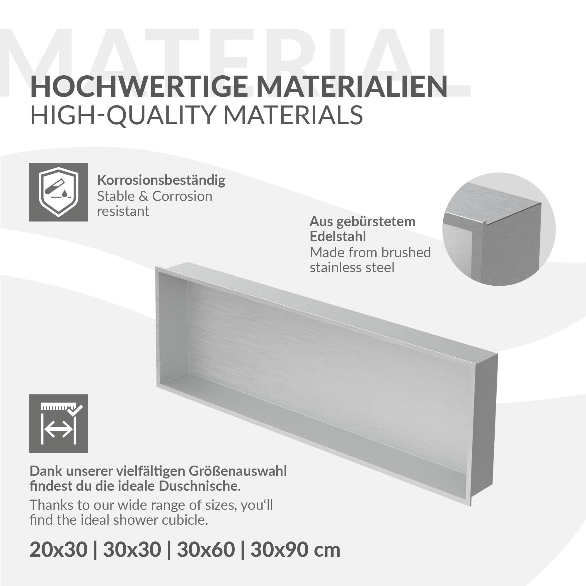 Eckige Ablage aus gebürstetem Edelstahl für Duschzubehör.