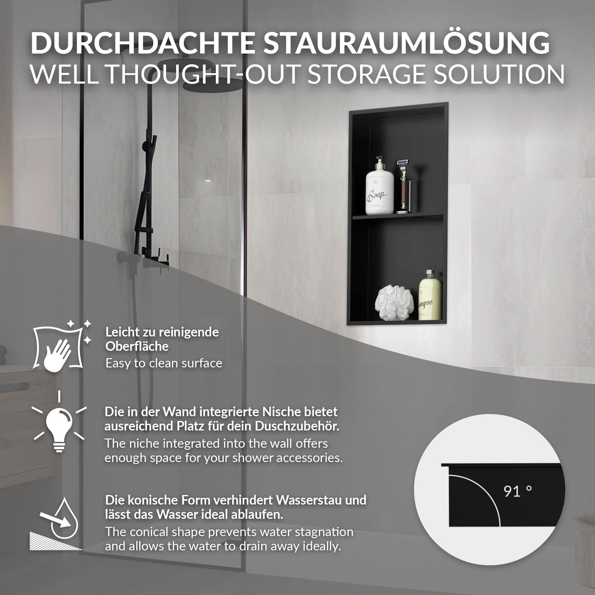 Grafik mit Informationen zu einer durchdachten Stauraumlösung im Bad.