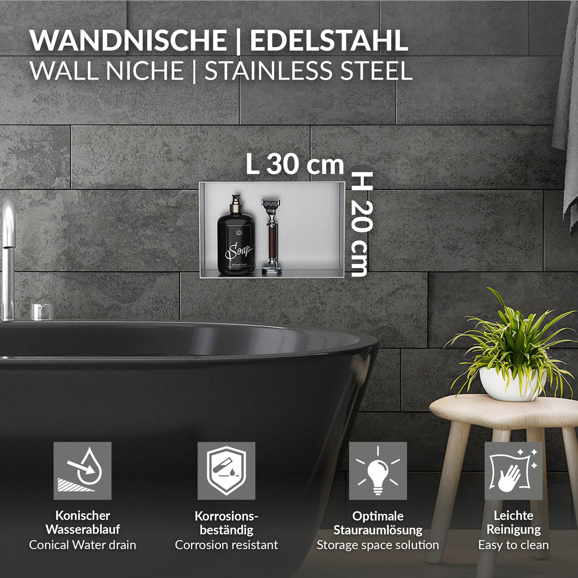 Wandnische aus Edelstahl mit Abmessungen und Reinigungsinformationen.