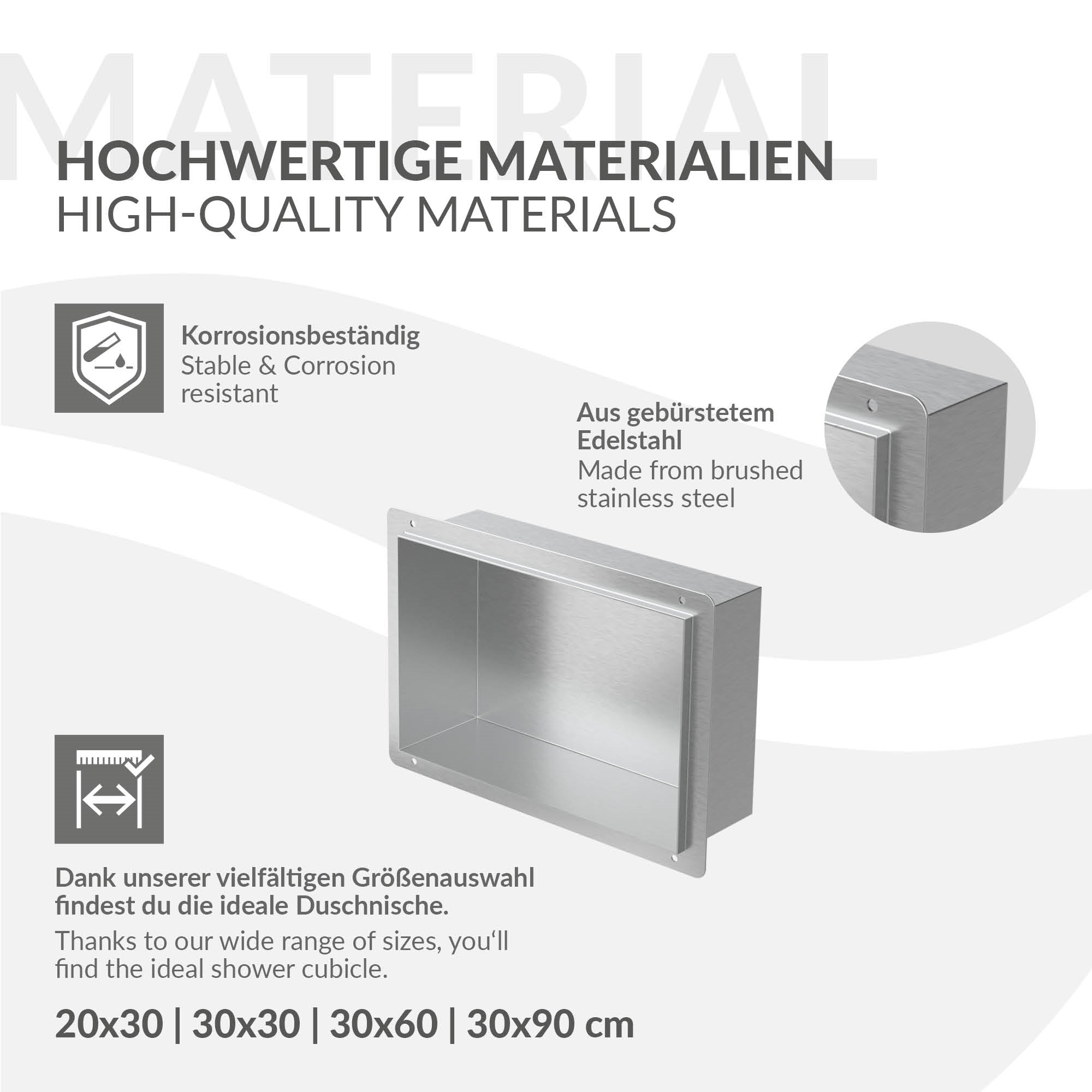 Grafik mit Informationen zu hochwertigen Materialien und Größen für Duschnischen.