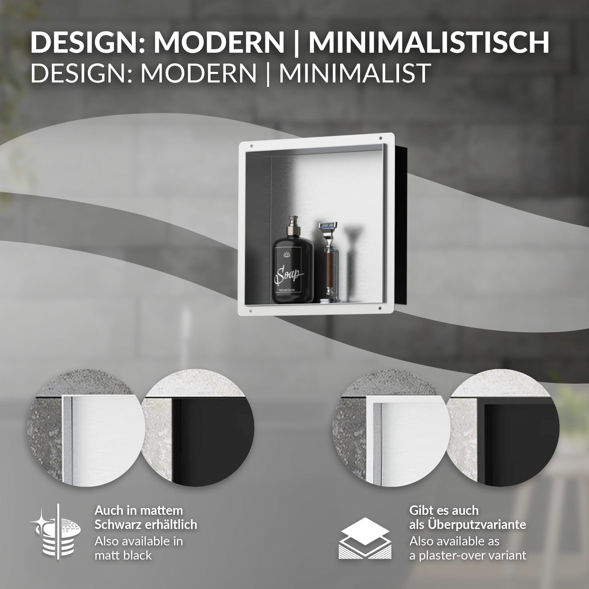 Grafik mit Designinformationen zu einem modernen, minimalistischen Produkt.