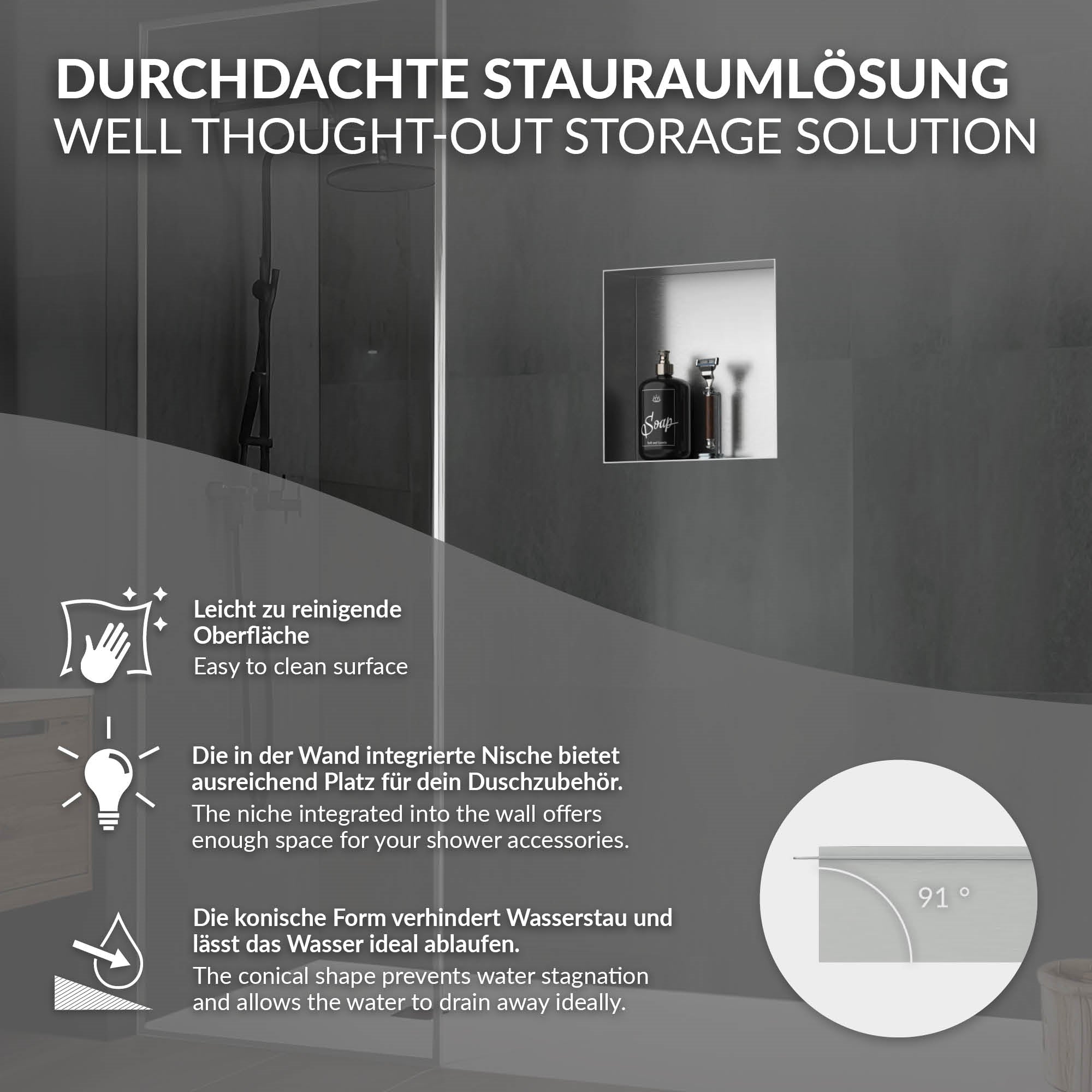 Grafik zur durchdachten Stauraumlösung in einer Dusche.