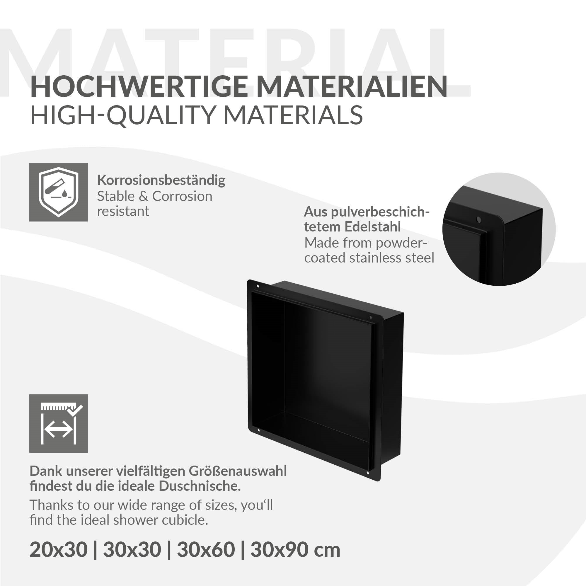 Grafik zu hochwertigen Materialien mit Edelstahl und Größenoptionen.