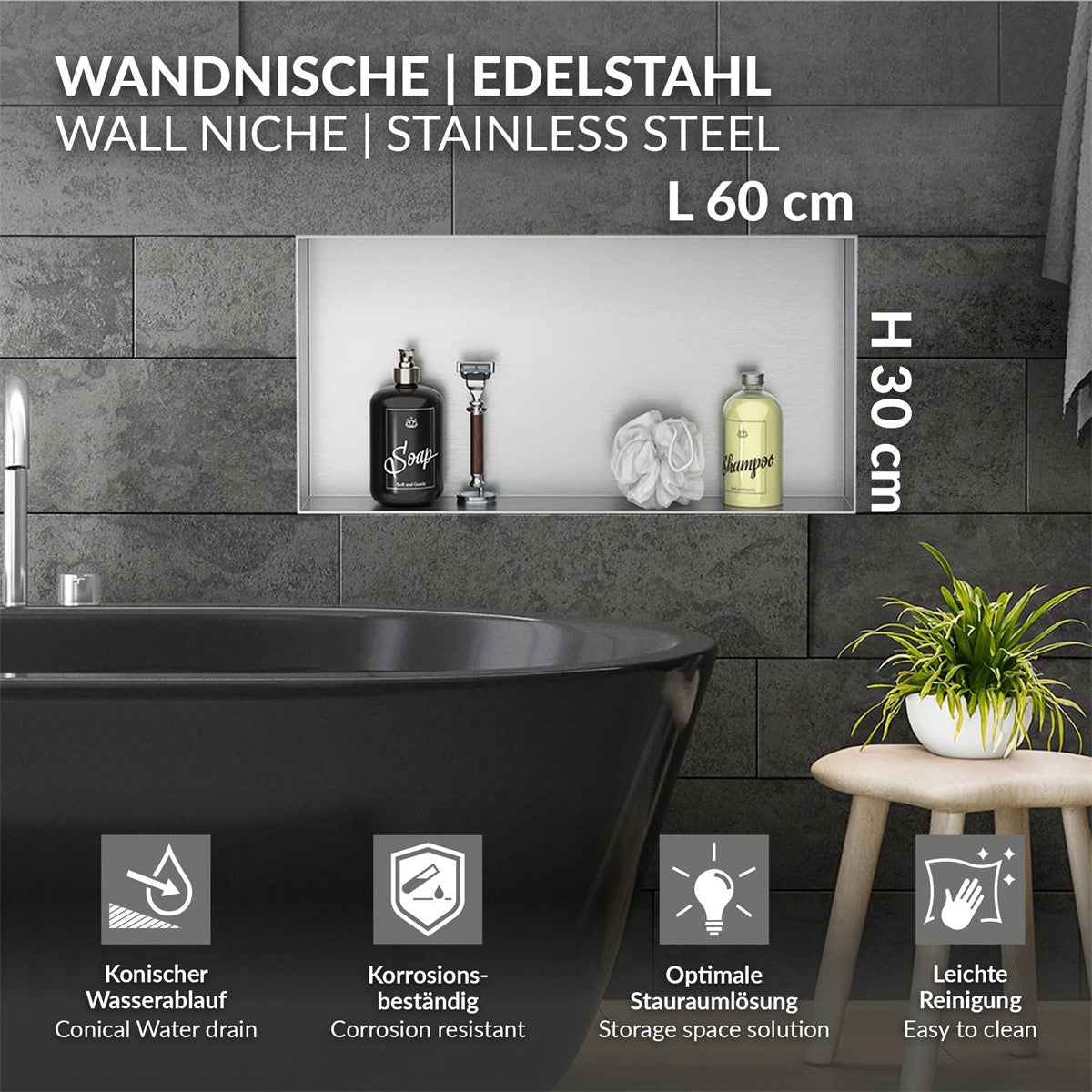 Badezimmeransicht mit Wandnische und Pflegeprodukten in der Nische.