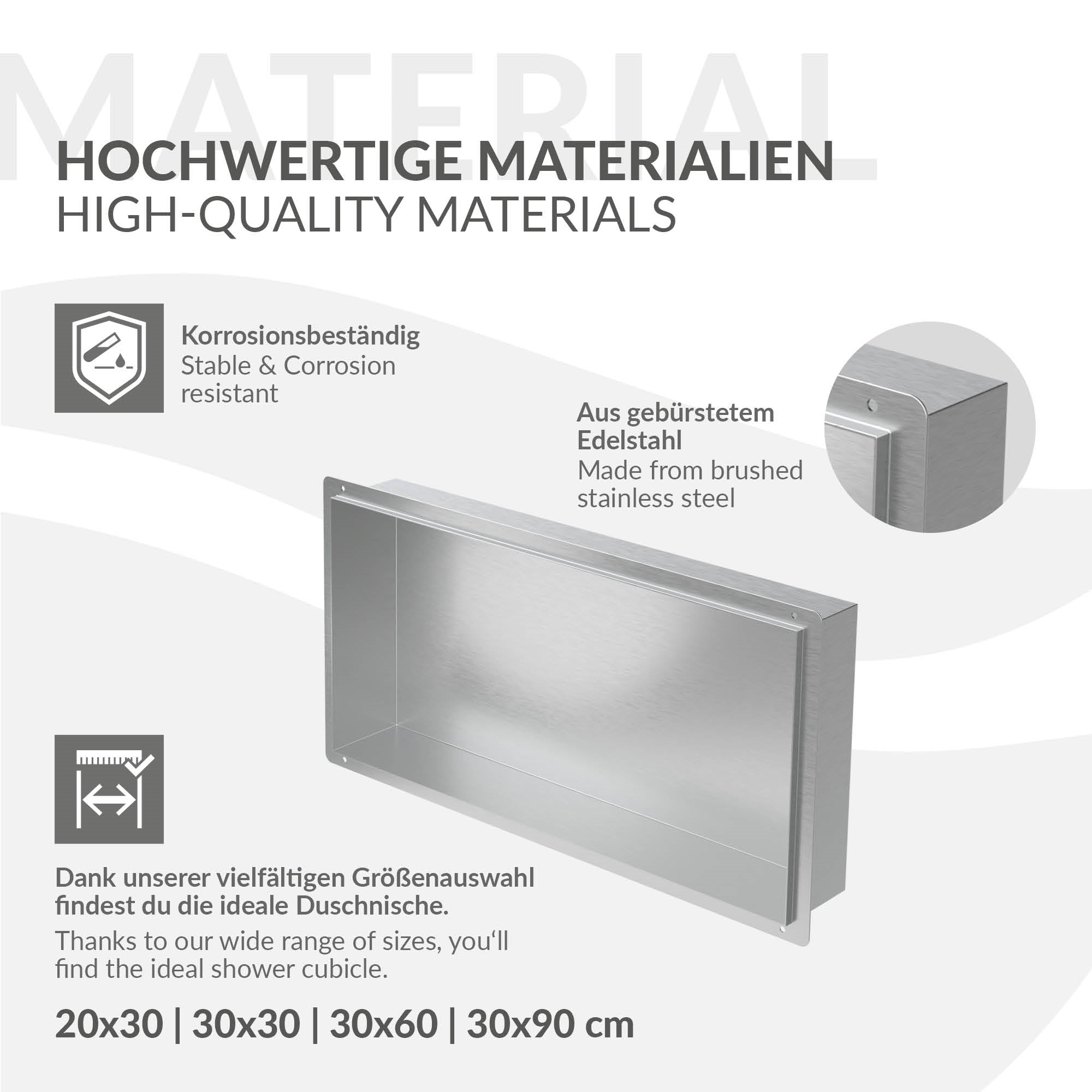 Grafik mit Informationen zu hochwertigen Materialien und Größen.