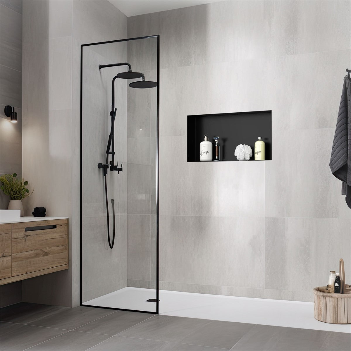 Modern shower with a black showerhead and a niche for personal care products.