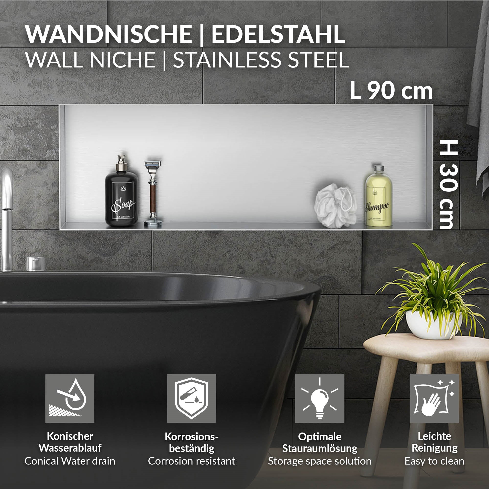 Grafik zur Wandnische aus Edelstahl mit Maßen und Eigenschaften.