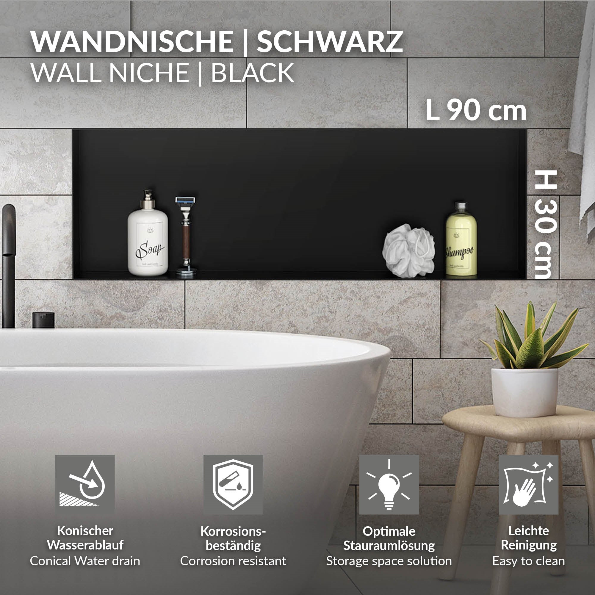 Schwarze Wandnische mit zwei Fächern, auf grauer Wand.