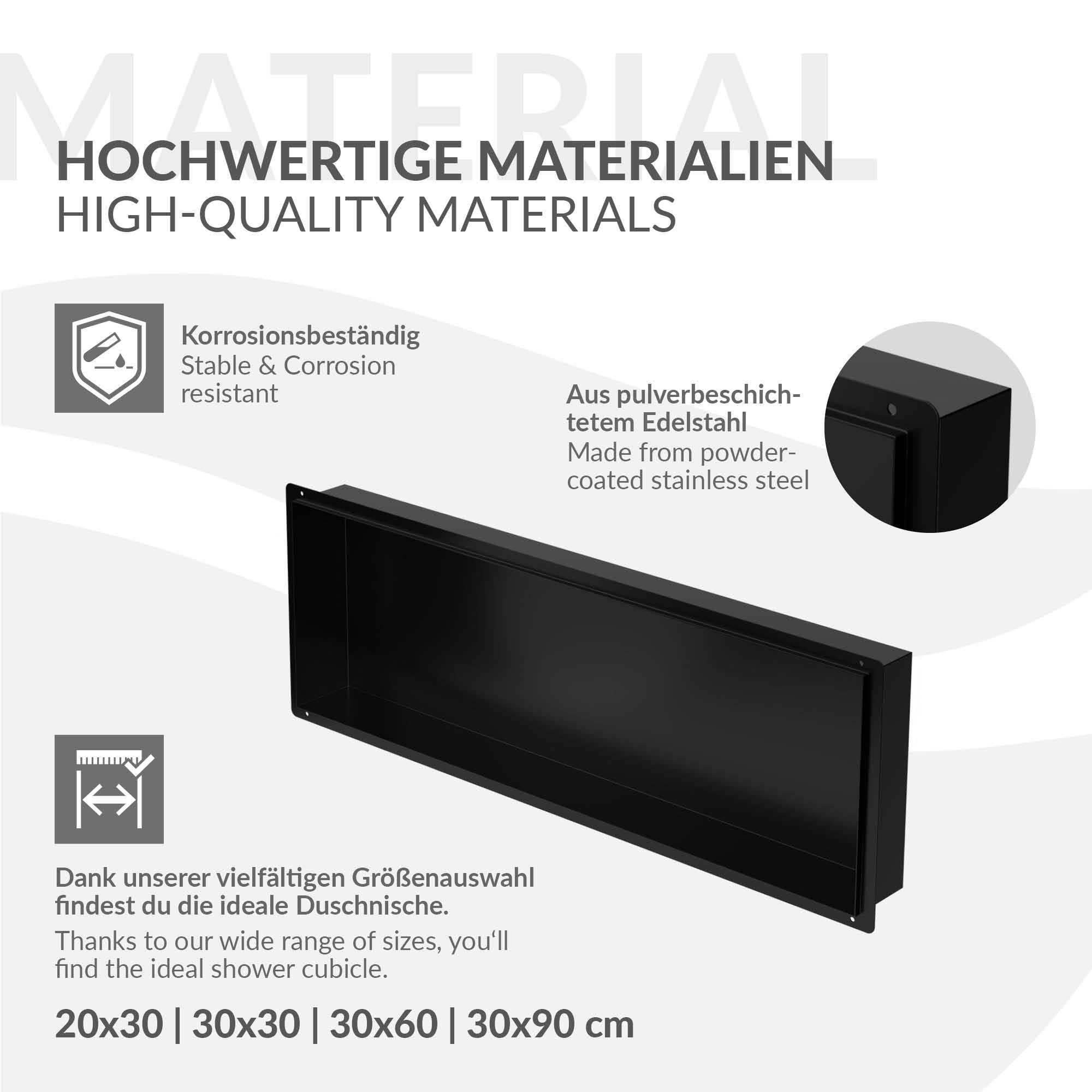 Produktbeschreibung mit Materialien und Größenoptionen.