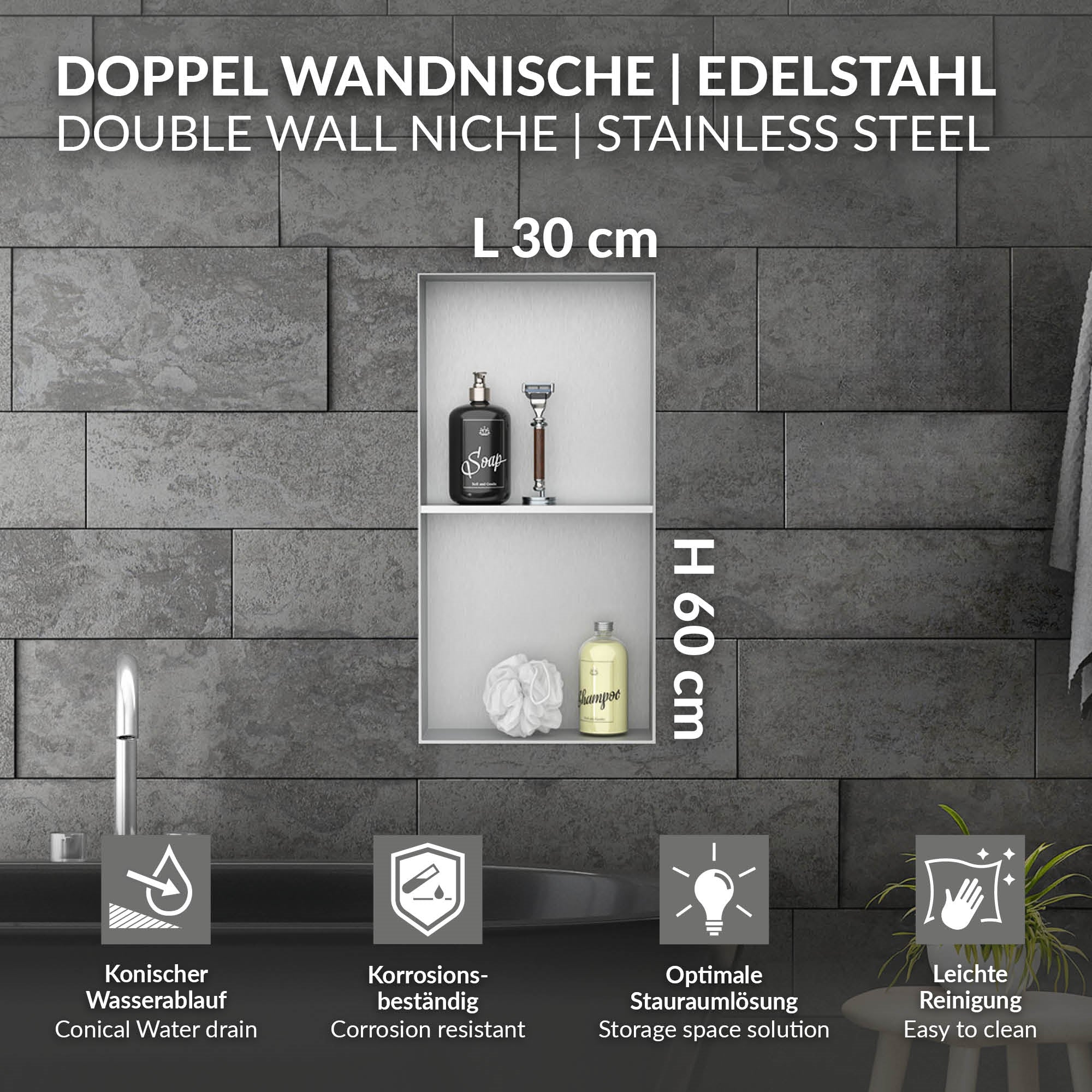 Edelstahl-Wandnische mit zwei Fächern, auf grauer Wand.