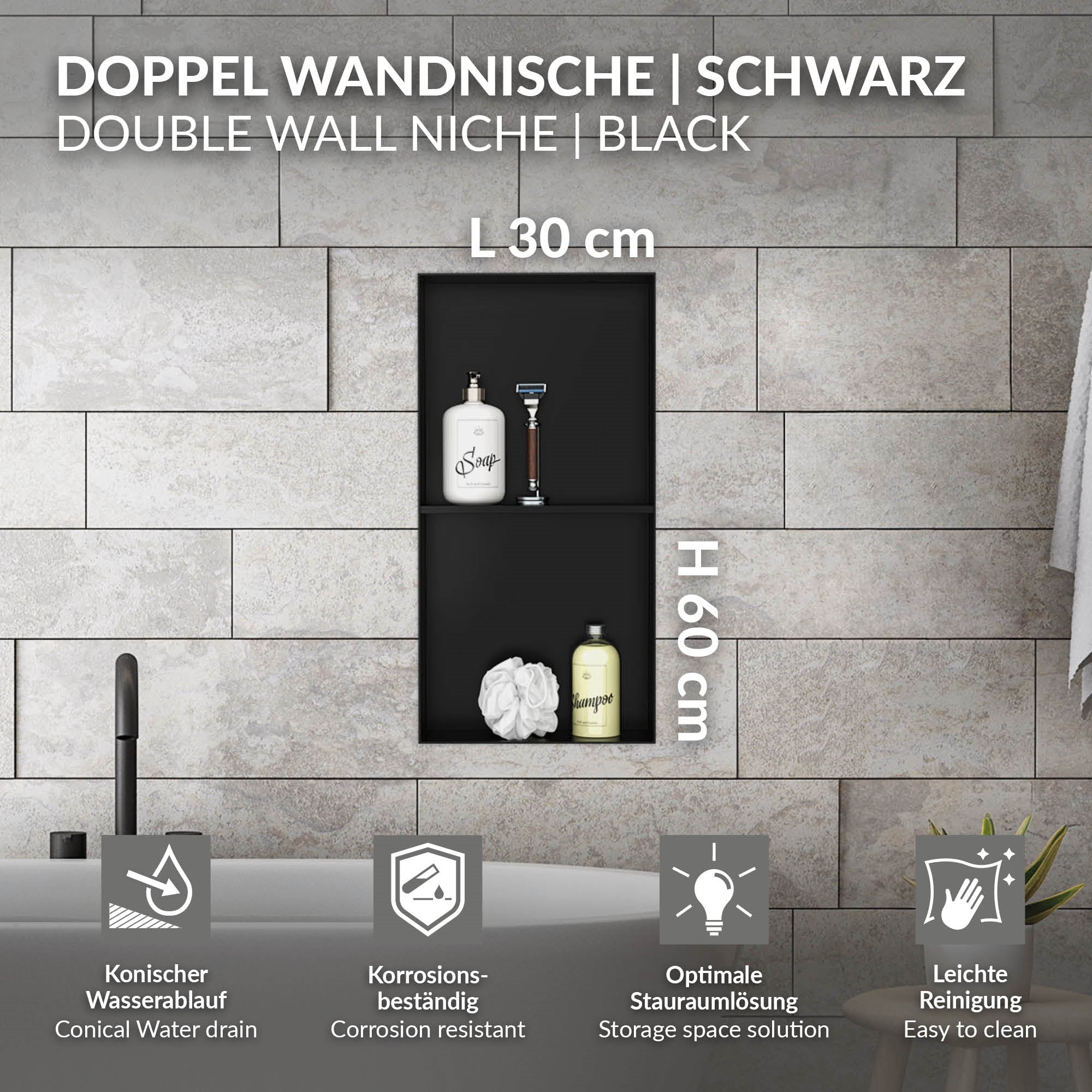 Schwarze Wandnische mit Maßen und Informationen zur Korrosionsbeständigkeit.