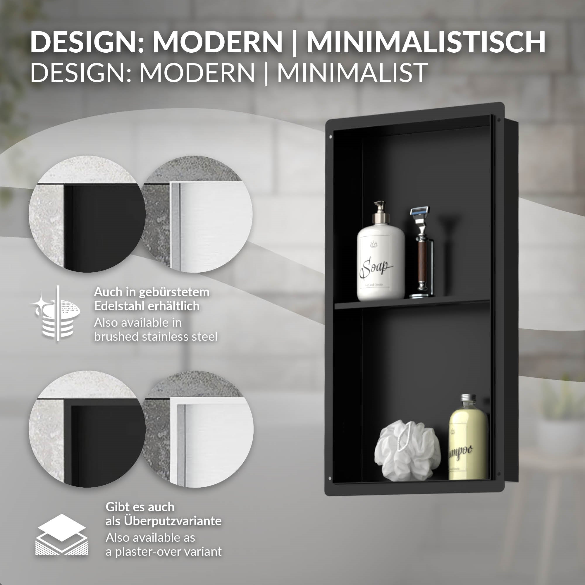 Wandregal in modernem Design mit Produkten und Materialien.