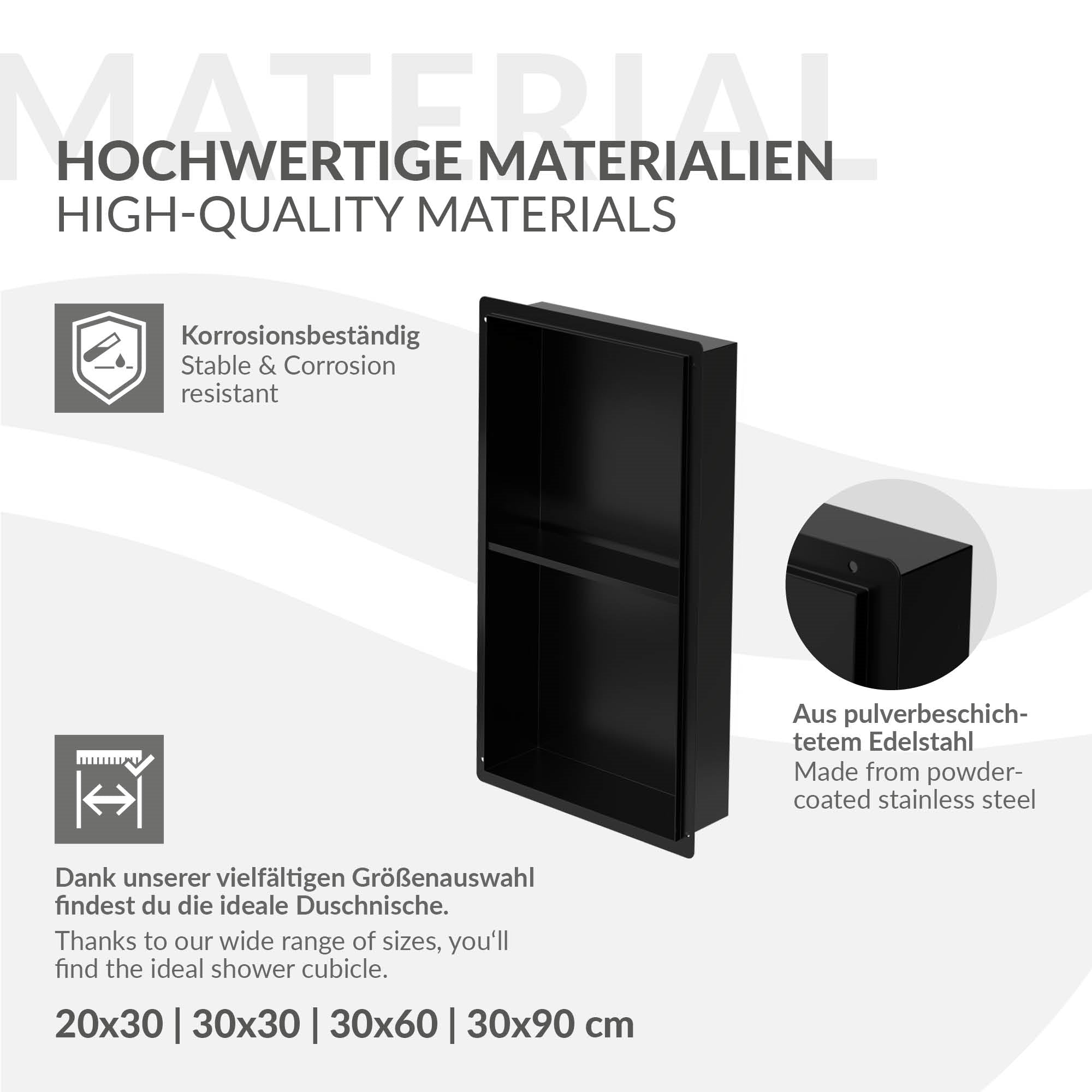 Schwarze Wandnische mit zwei Fächern und Text über Materialien.