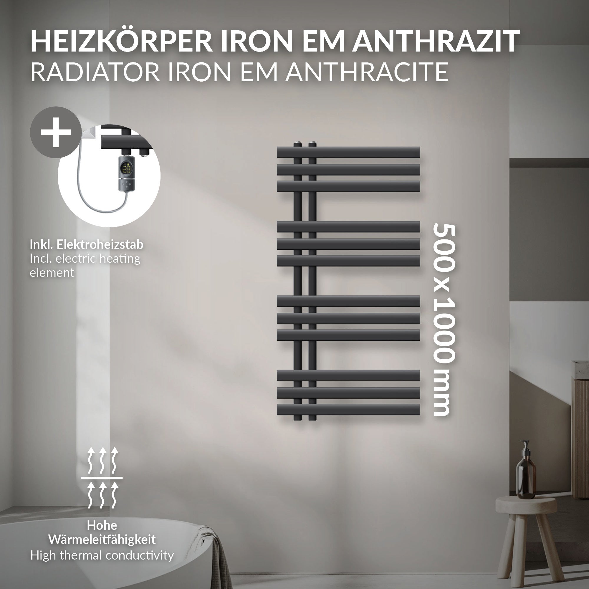 Antracit színű radiátor elektromos fűtőrúddal, méretek 500x1000 mm.