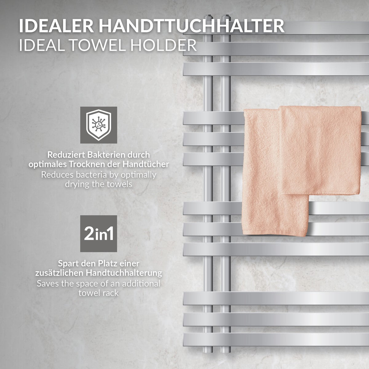 Handtuchhalter mit zwei Handtüchern und Beschreibung der Vorteile.