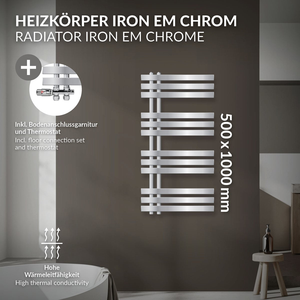 Króm Iron EM radiátor, mérete 500 × 1000 mm, termosztáttal.