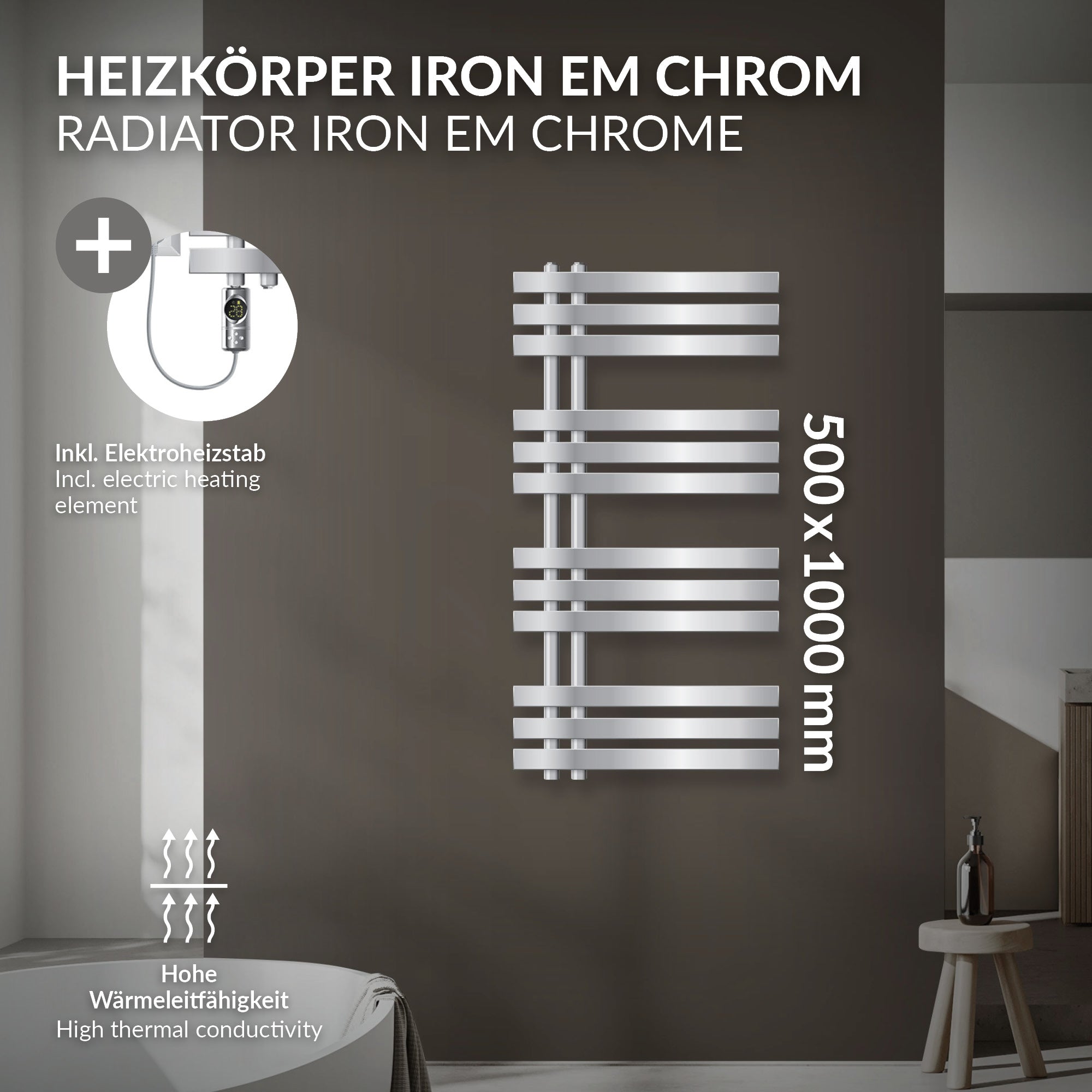 Diagramm mit einem chromfarbenen Heizkörper und seinen Eigenschaften.
