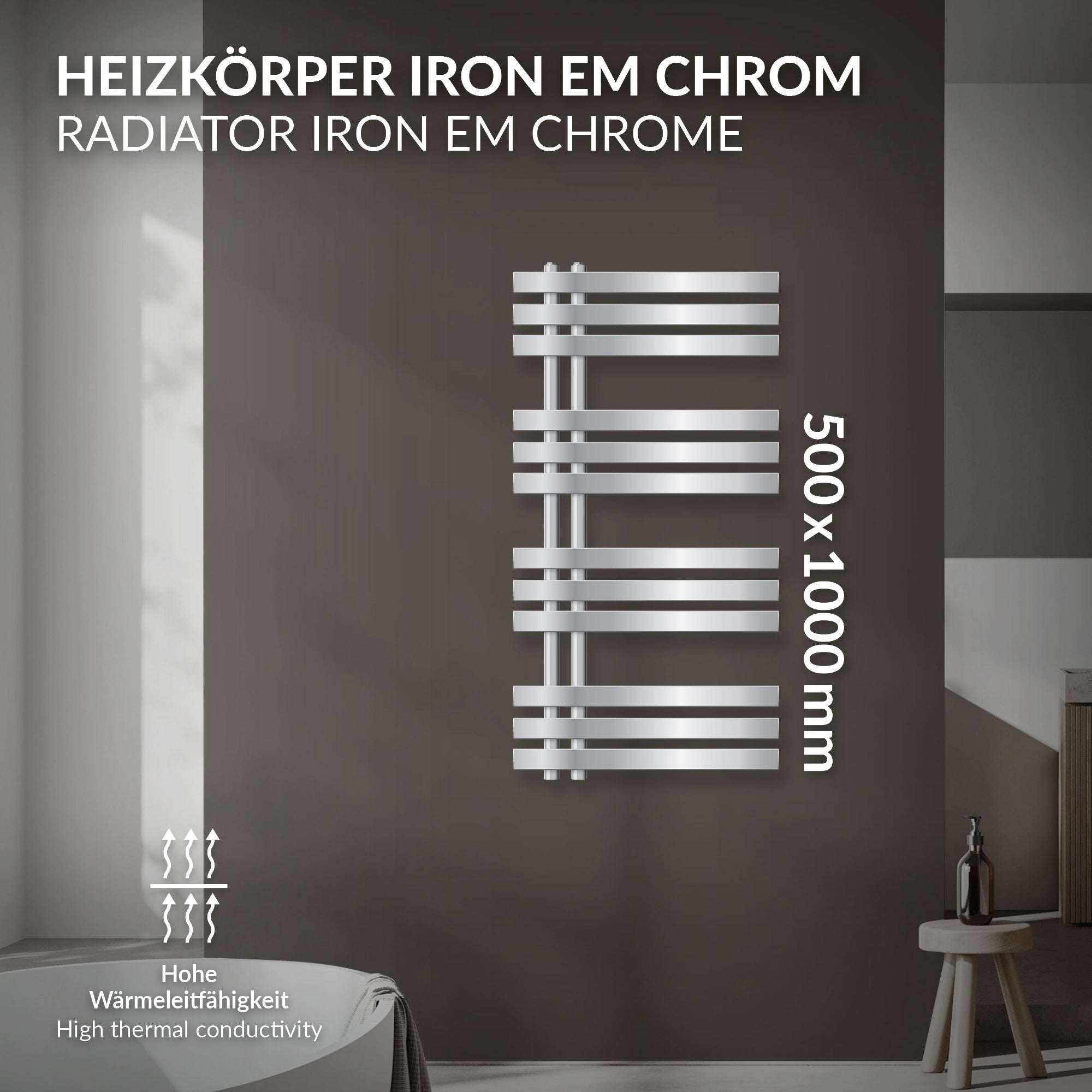 Chrome-colored towel radiator with several horizontal tubes.